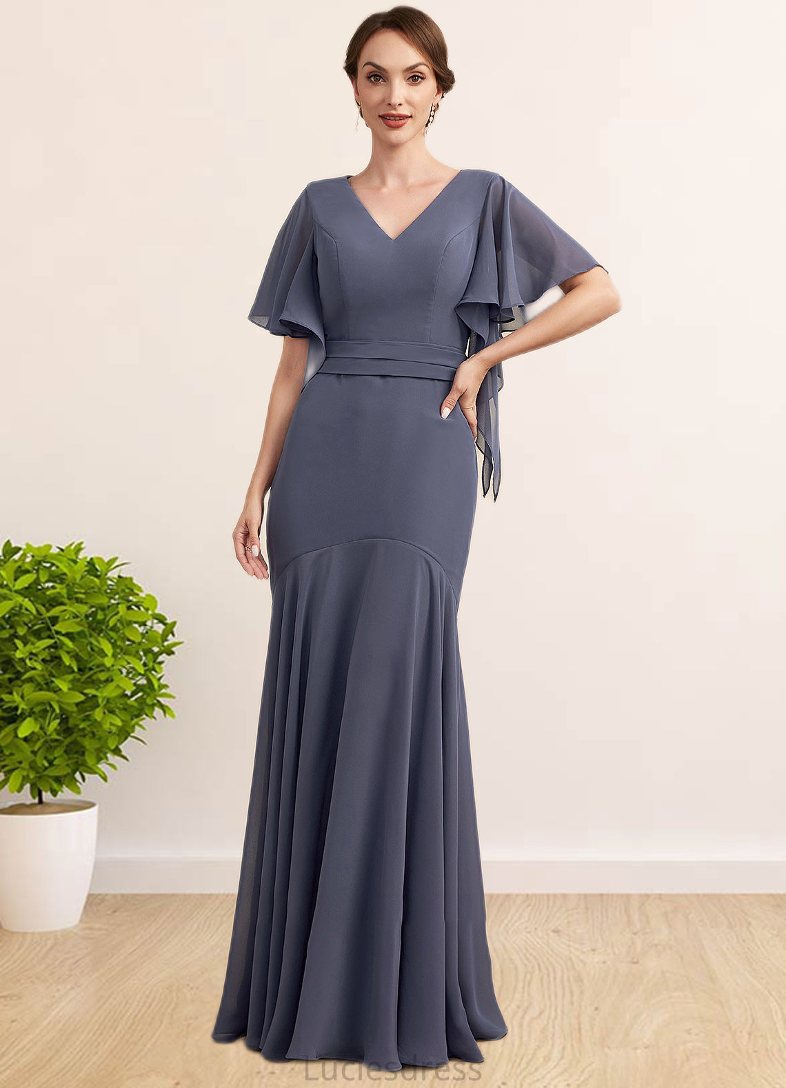 Rachael Trumpet/Mermaid V-neck Floor-Length Chiffon Mother of the Bride Dress HF126P0014951