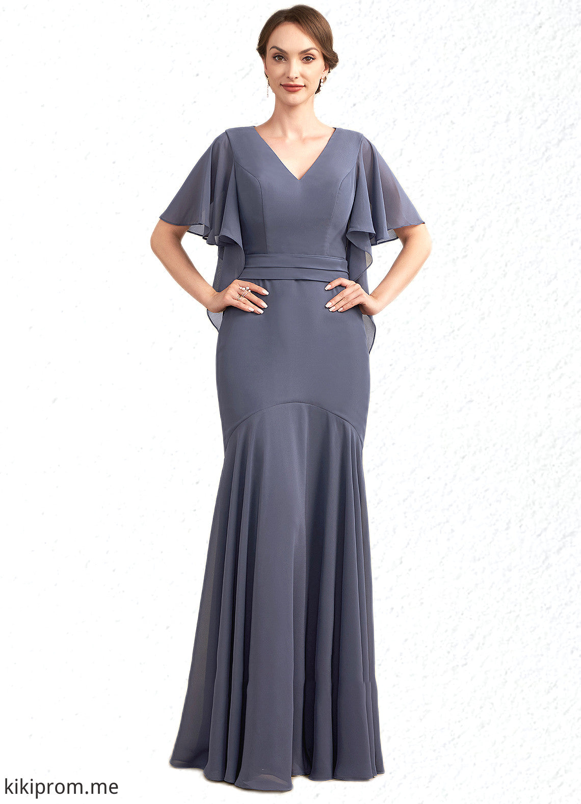 Ruby Trumpet/Mermaid V-neck Floor-Length Chiffon Mother of the Bride Dress STF126P0014951