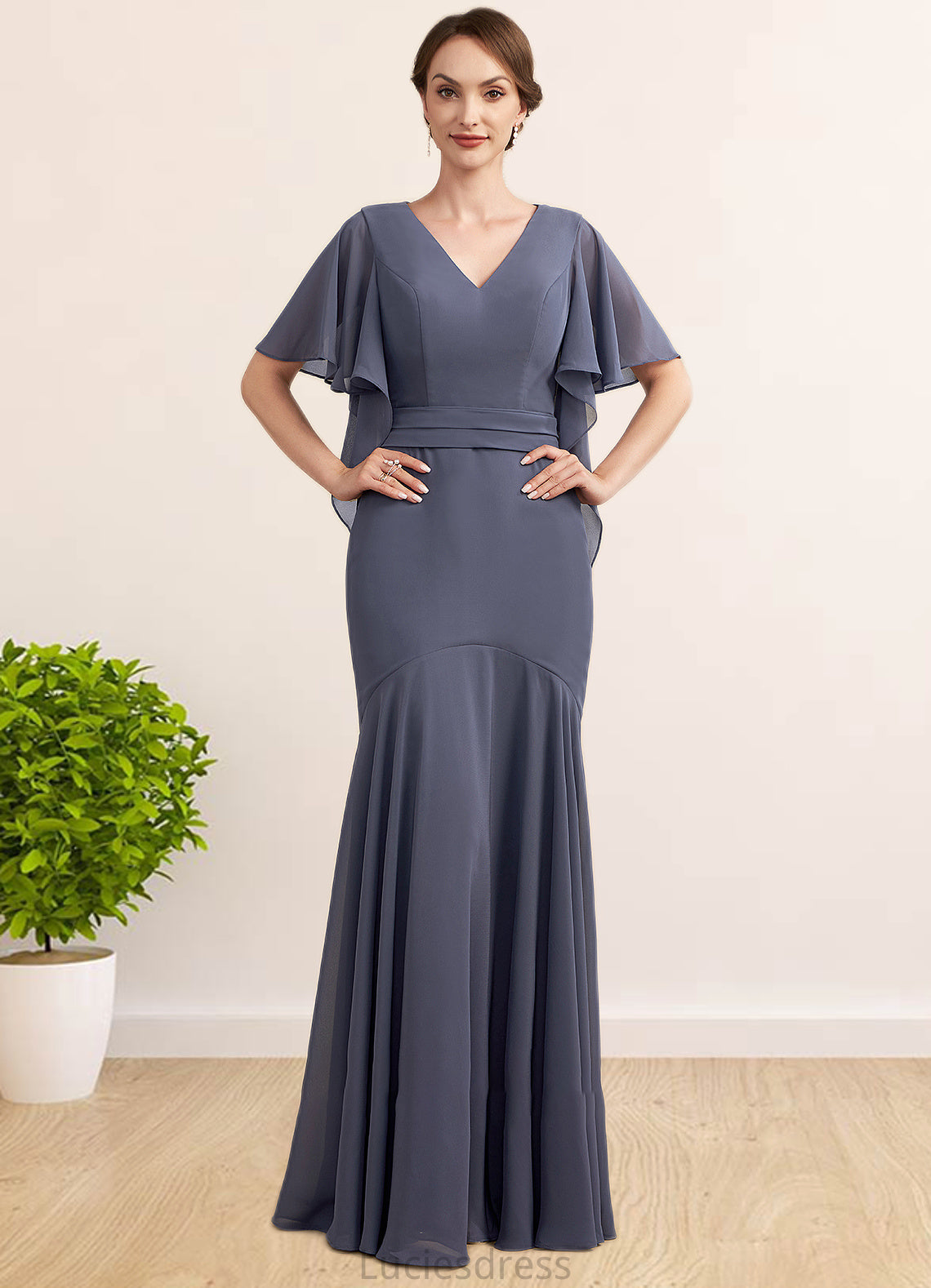 Rachael Trumpet/Mermaid V-neck Floor-Length Chiffon Mother of the Bride Dress HF126P0014951