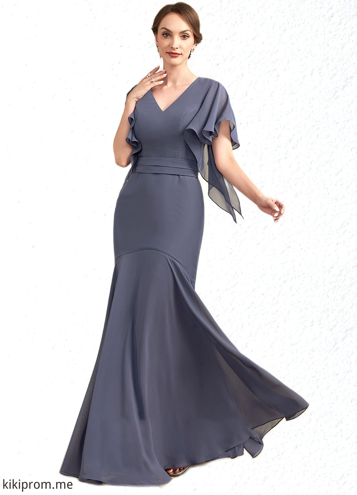 Ruby Trumpet/Mermaid V-neck Floor-Length Chiffon Mother of the Bride Dress STF126P0014951