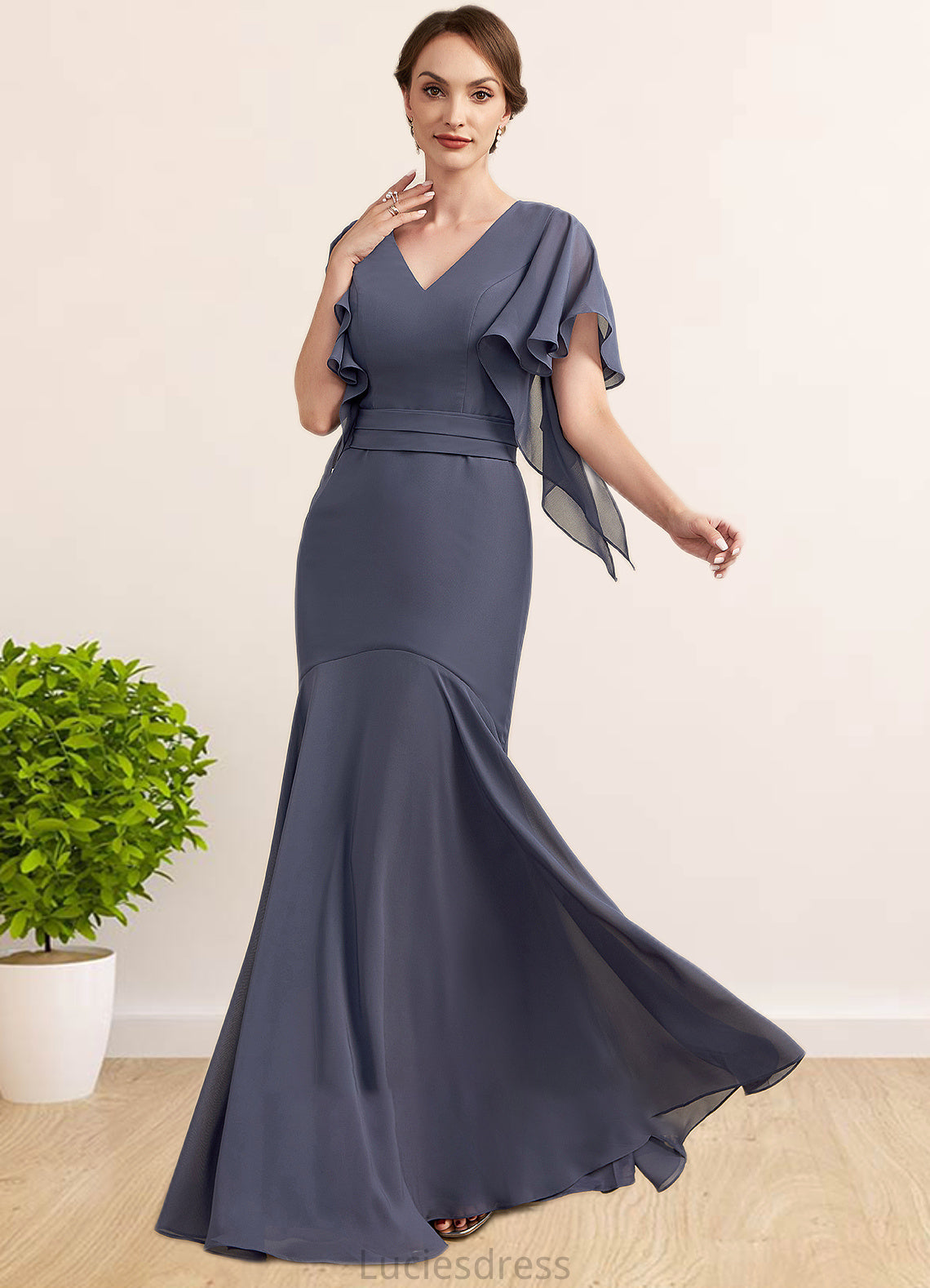 Rachael Trumpet/Mermaid V-neck Floor-Length Chiffon Mother of the Bride Dress HF126P0014951