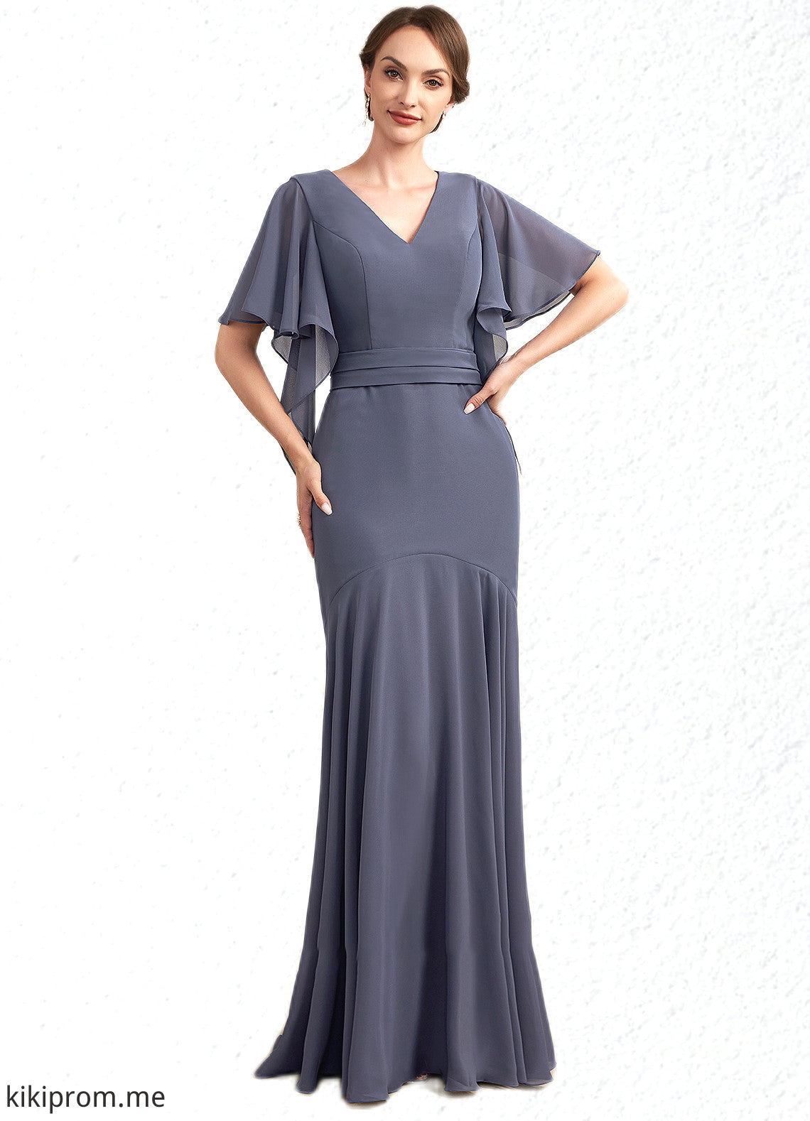 Ruby Trumpet/Mermaid V-neck Floor-Length Chiffon Mother of the Bride Dress STF126P0014951