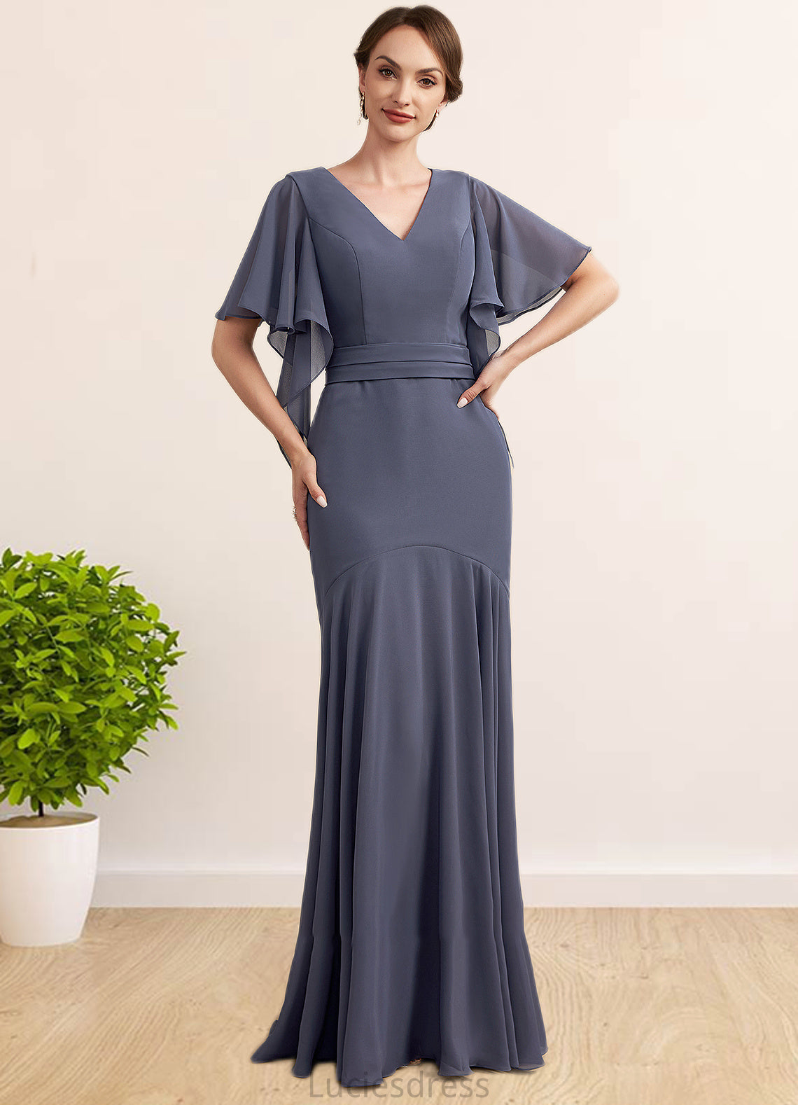 Rachael Trumpet/Mermaid V-neck Floor-Length Chiffon Mother of the Bride Dress HF126P0014951