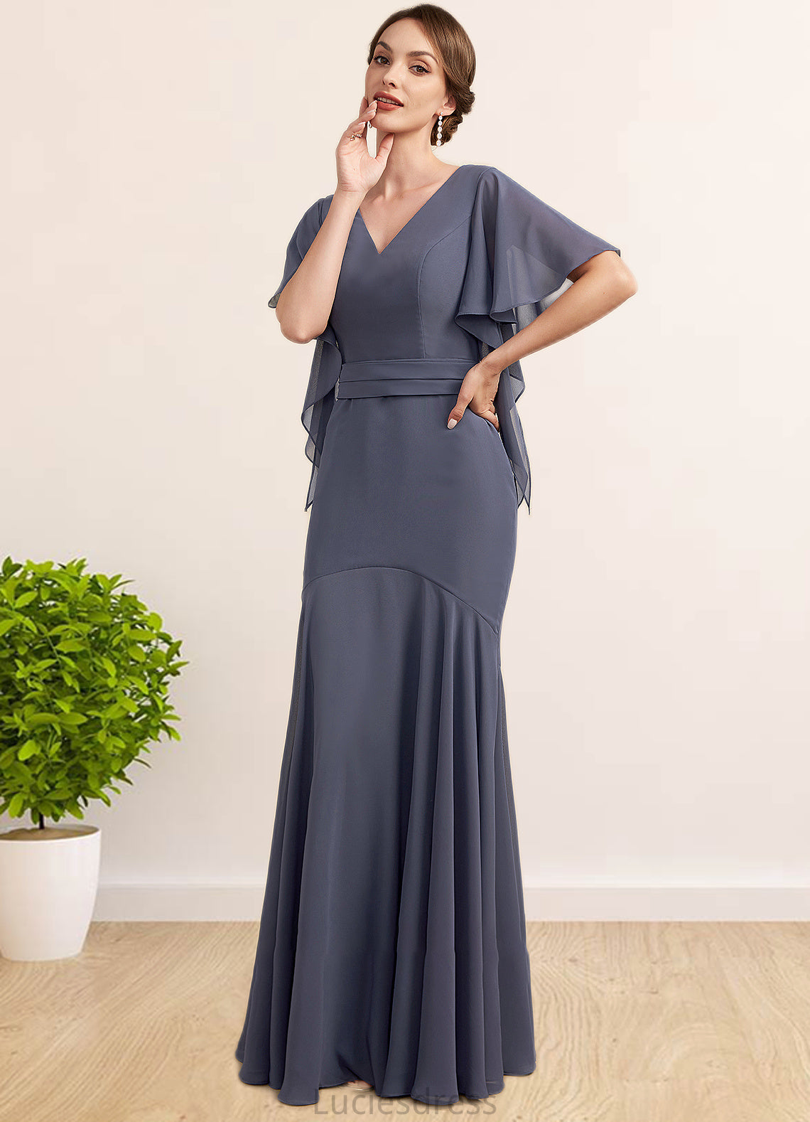 Rachael Trumpet/Mermaid V-neck Floor-Length Chiffon Mother of the Bride Dress HF126P0014951