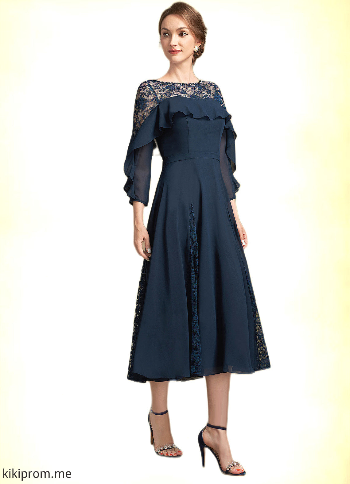 Carly A-Line Scoop Neck Tea-Length Chiffon Lace Mother of the Bride Dress With Beading Cascading Ruffles STF126P0014952