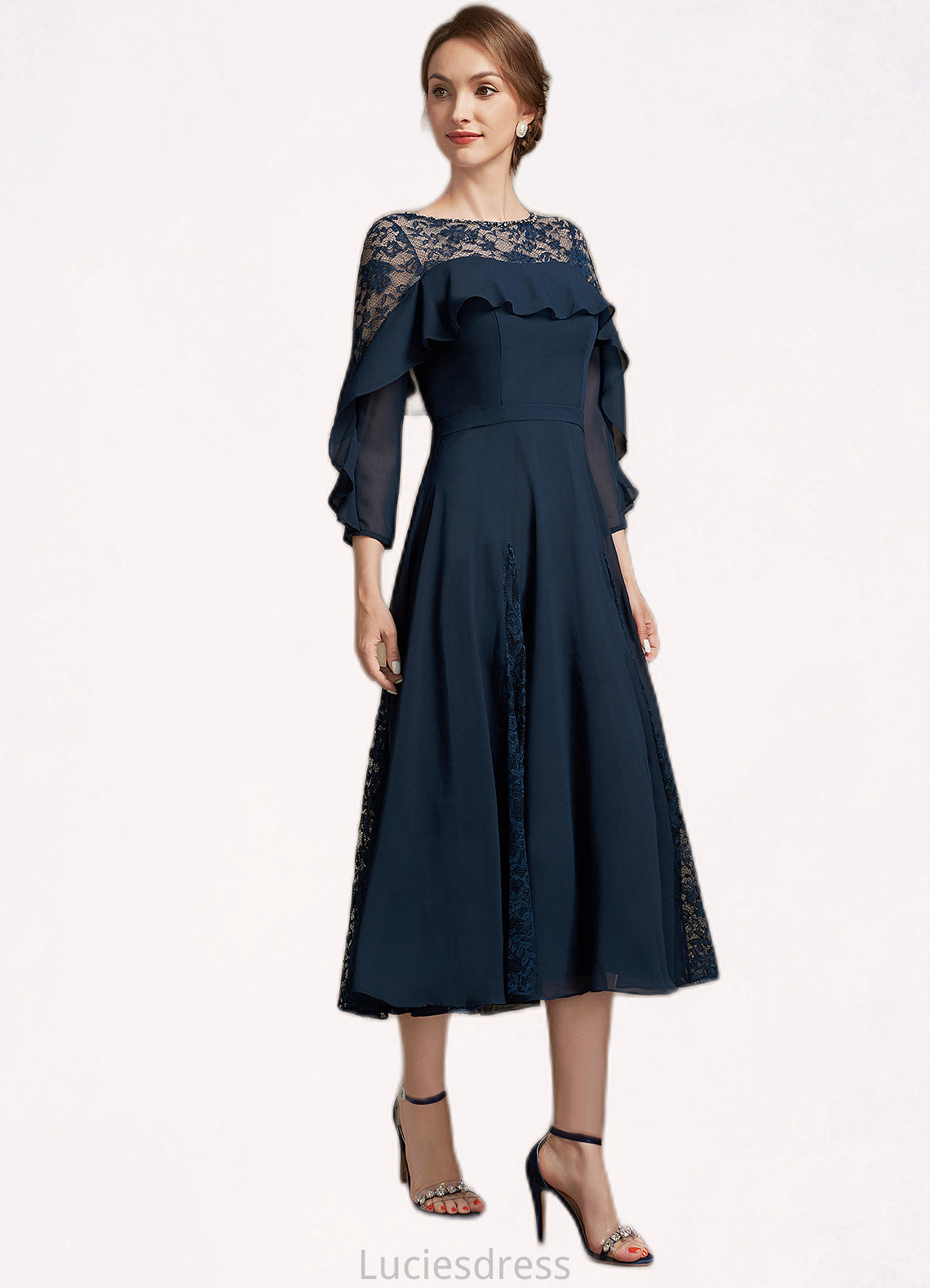 Melany A-Line Scoop Neck Tea-Length Chiffon Lace Mother of the Bride Dress With Beading Cascading Ruffles HF126P0014952