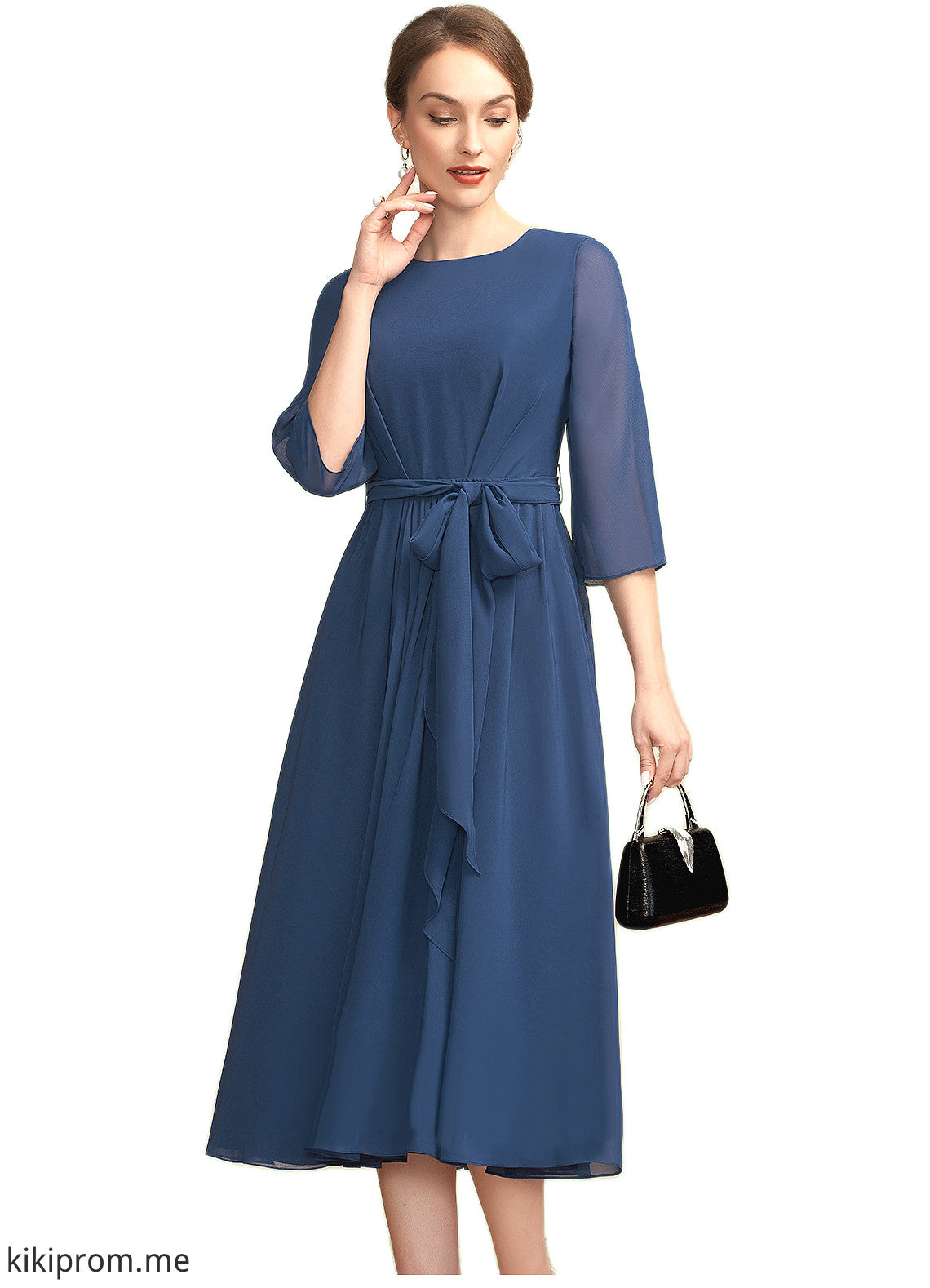 Isabella A-Line Scoop Neck Tea-Length Chiffon Mother of the Bride Dress With Ruffle Bow(s) STF126P0014954