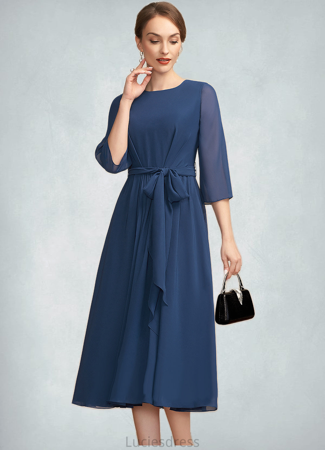 Aleah A-Line Scoop Neck Tea-Length Chiffon Mother of the Bride Dress With Ruffle Bow(s) HF126P0014954