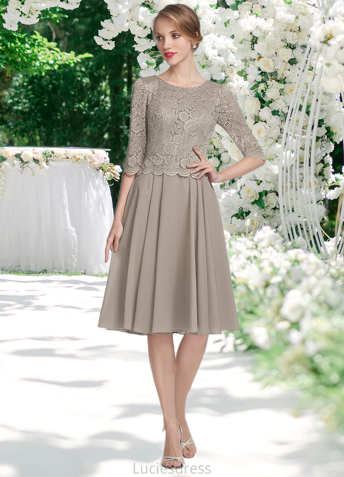 Kira A-Line Scoop Neck Knee-Length Chiffon Lace Mother of the Bride Dress HF126P0014955