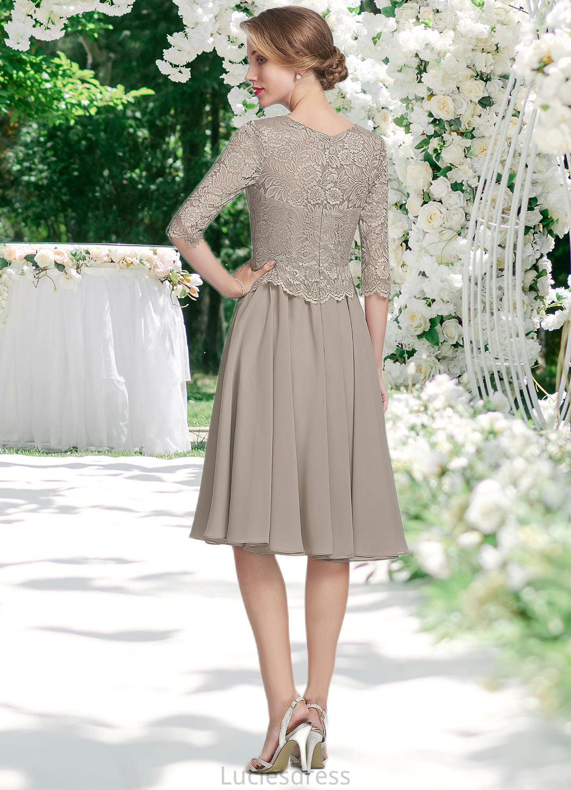 Kira A-Line Scoop Neck Knee-Length Chiffon Lace Mother of the Bride Dress HF126P0014955