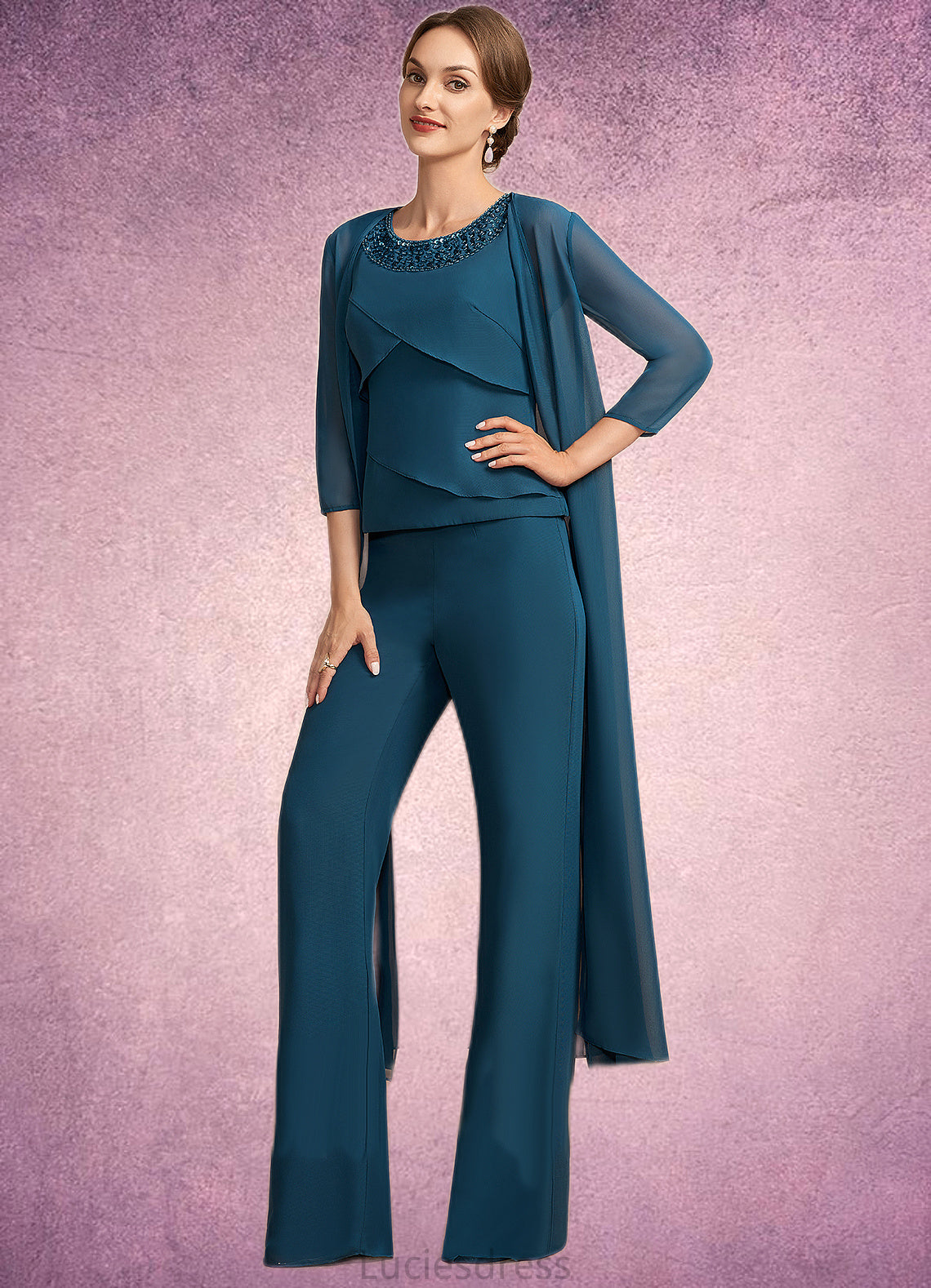 Kaitlynn Jumpsuit/Pantsuit Scoop Neck Floor-Length Chiffon Mother of the Bride Dress With Beading Cascading Ruffles HF126P0014956