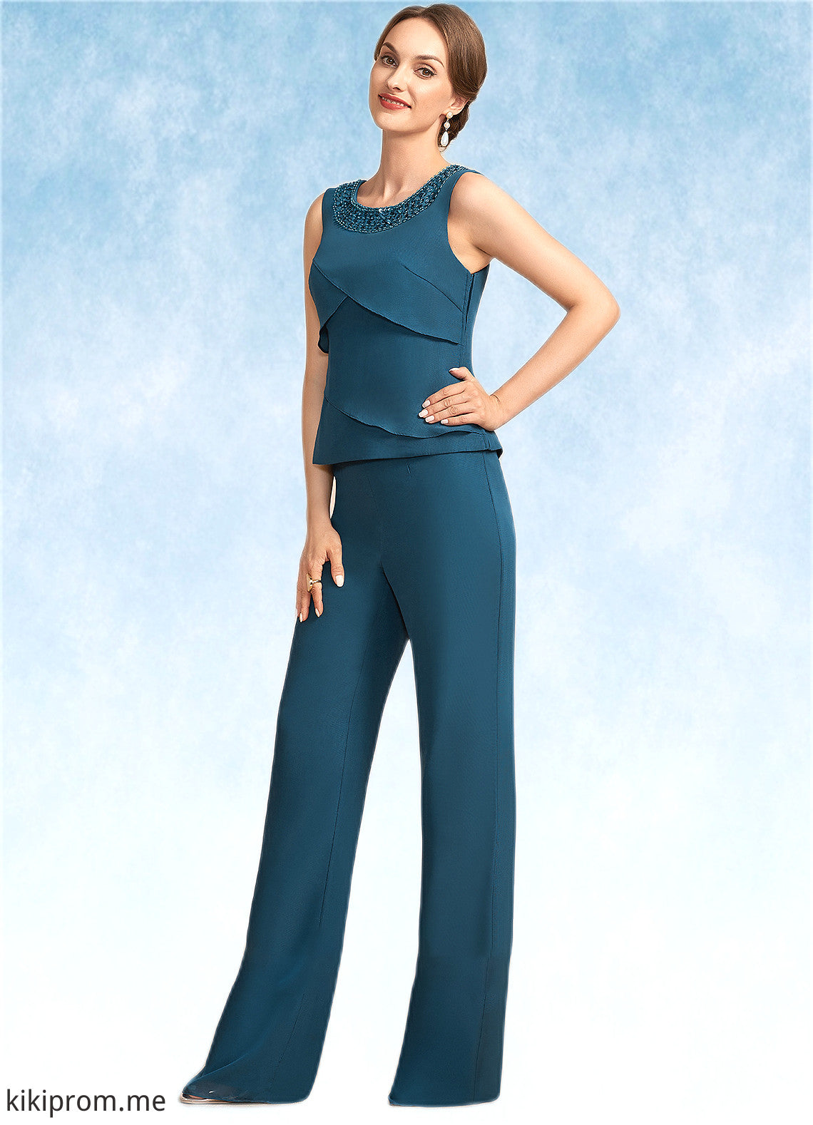 Cora Jumpsuit/Pantsuit Scoop Neck Floor-Length Chiffon Mother of the Bride Dress With Beading Cascading Ruffles STF126P0014956