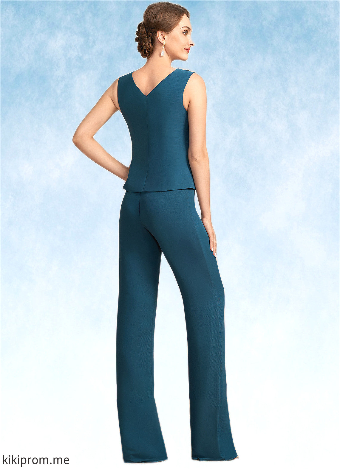 Cora Jumpsuit/Pantsuit Scoop Neck Floor-Length Chiffon Mother of the Bride Dress With Beading Cascading Ruffles STF126P0014956