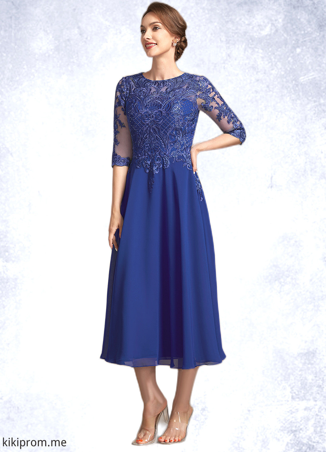 Riley A-Line Scoop Neck Tea-Length Chiffon Lace Mother of the Bride Dress With Sequins STF126P0014959