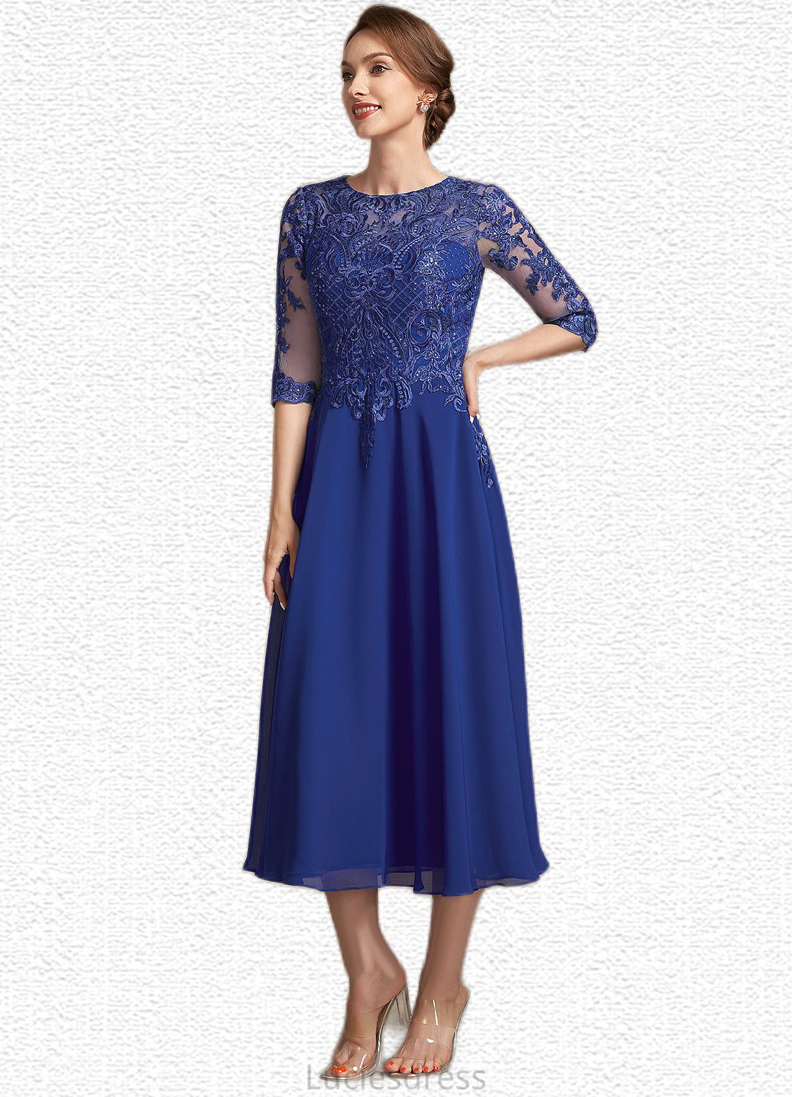 Breanna A-Line Scoop Neck Tea-Length Chiffon Lace Mother of the Bride Dress With Sequins HF126P0014959