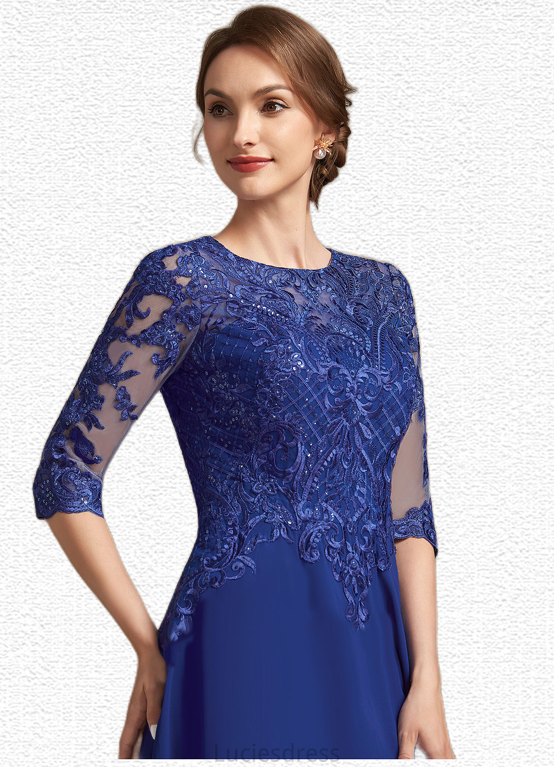 Breanna A-Line Scoop Neck Tea-Length Chiffon Lace Mother of the Bride Dress With Sequins HF126P0014959