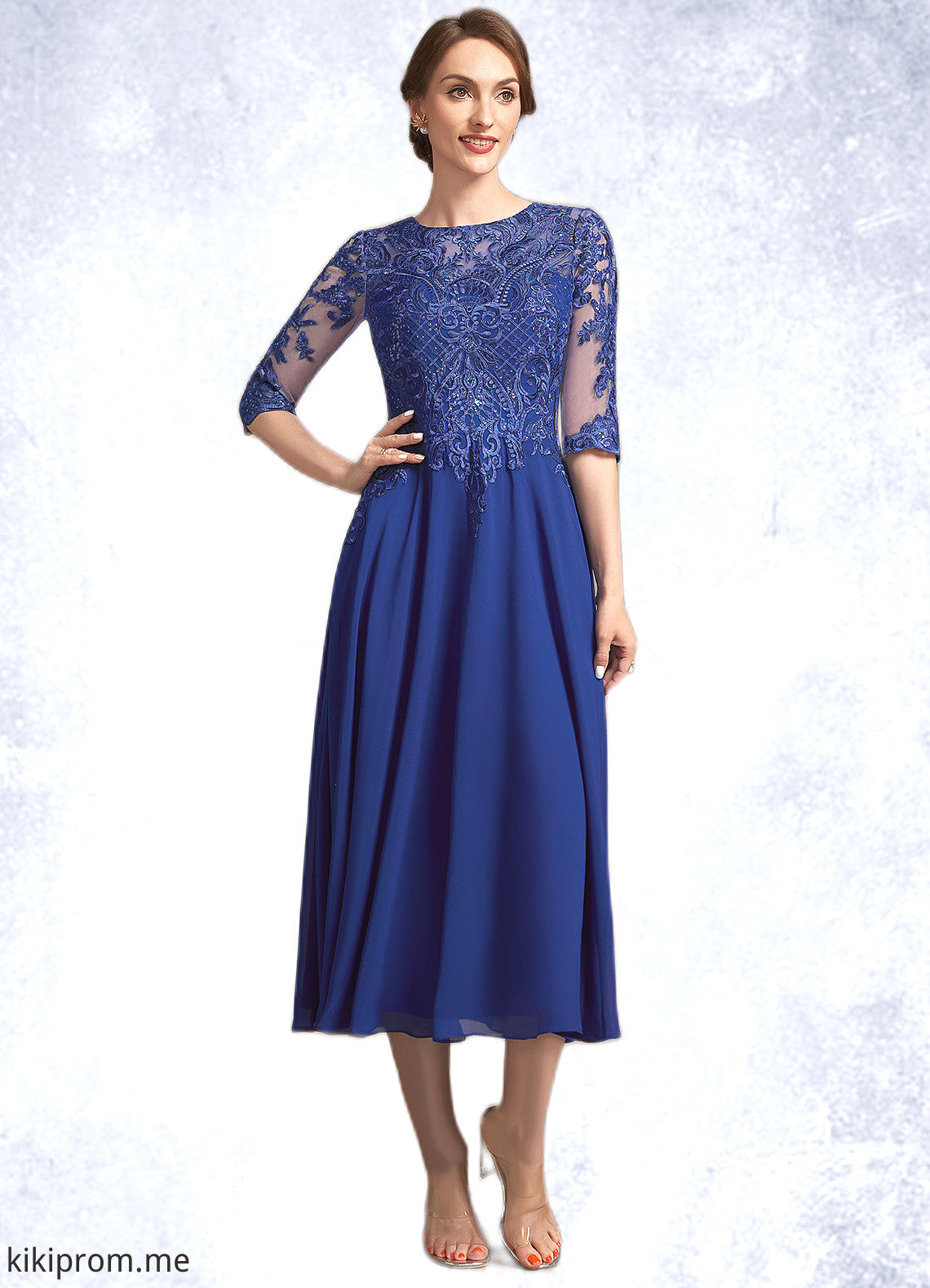 Riley A-Line Scoop Neck Tea-Length Chiffon Lace Mother of the Bride Dress With Sequins STF126P0014959