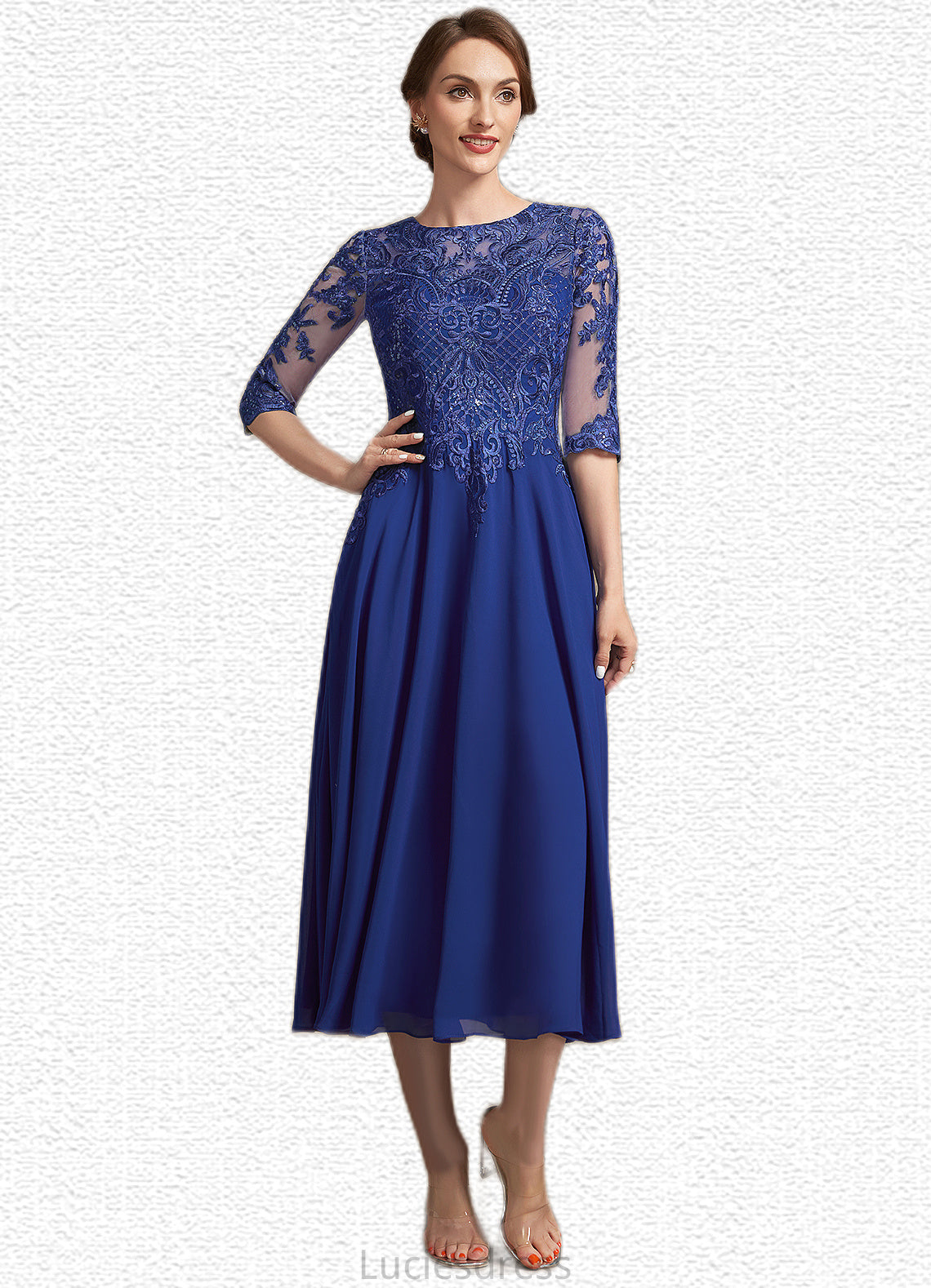 Breanna A-Line Scoop Neck Tea-Length Chiffon Lace Mother of the Bride Dress With Sequins HF126P0014959