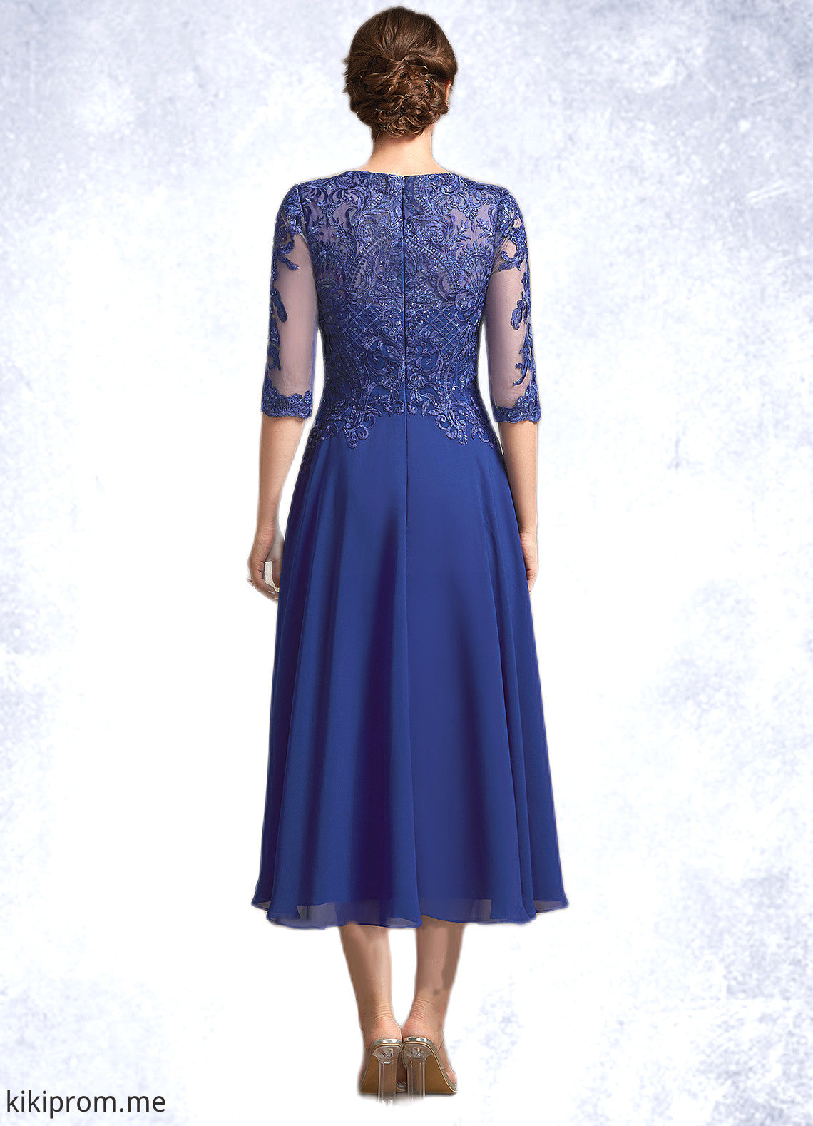 Riley A-Line Scoop Neck Tea-Length Chiffon Lace Mother of the Bride Dress With Sequins STF126P0014959