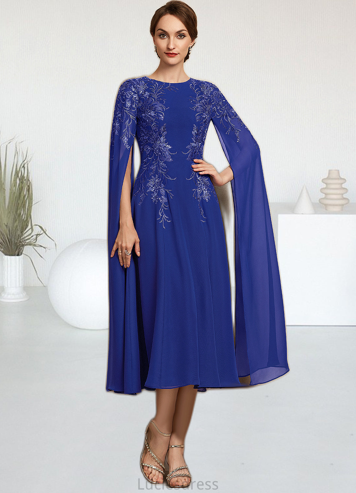 Harriet A-Line Scoop Neck Tea-Length Chiffon Lace Mother of the Bride Dress With Sequins HF126P0014960