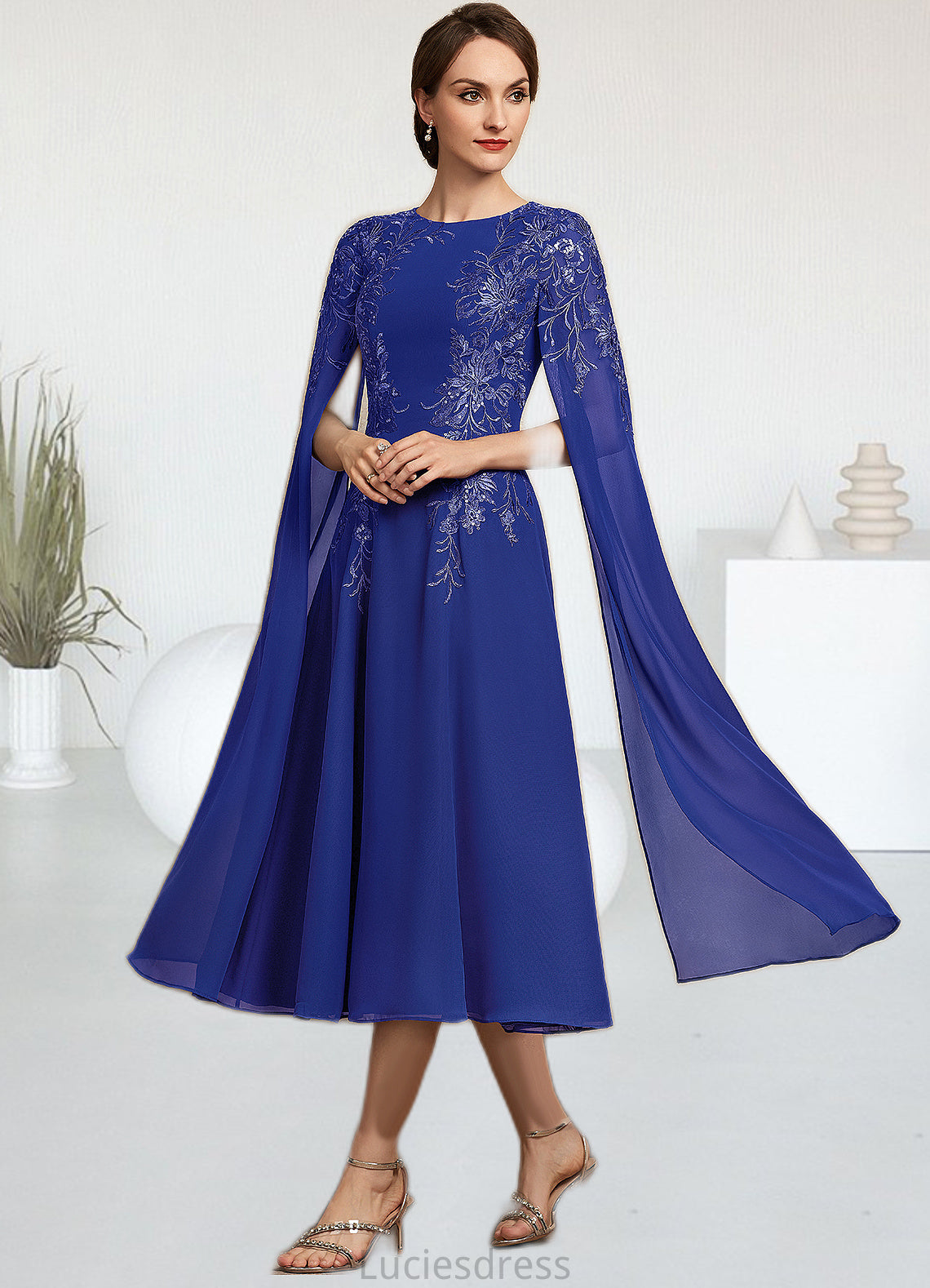 Harriet A-Line Scoop Neck Tea-Length Chiffon Lace Mother of the Bride Dress With Sequins HF126P0014960