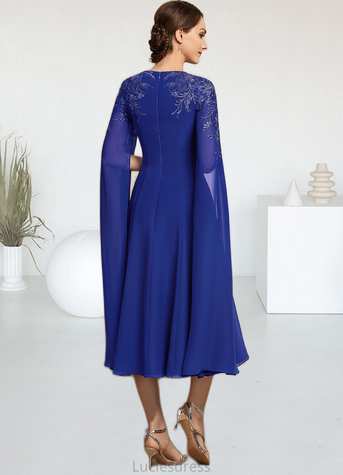 Harriet A-Line Scoop Neck Tea-Length Chiffon Lace Mother of the Bride Dress With Sequins HF126P0014960