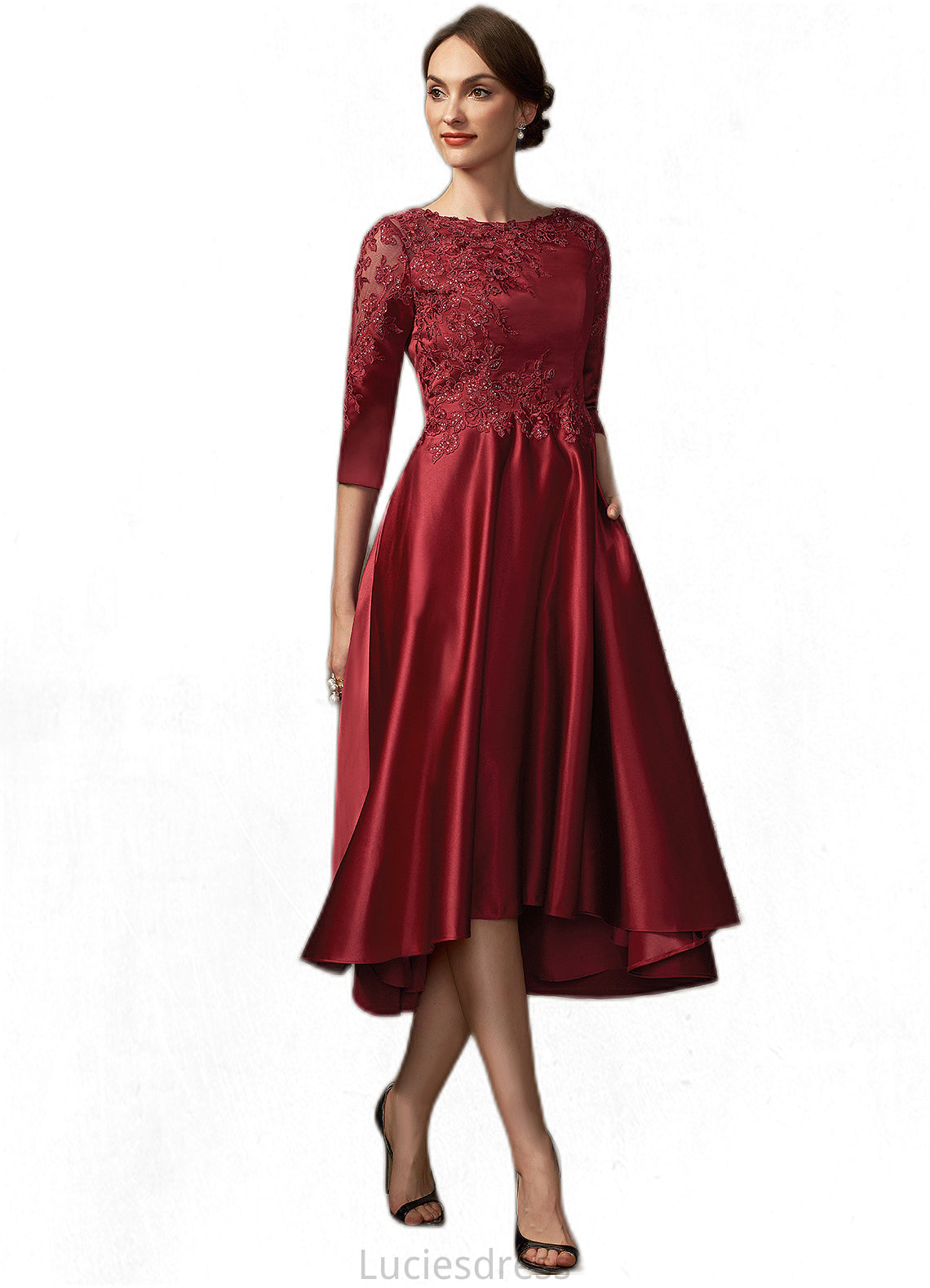 Ellie A-Line Scoop Neck Asymmetrical Satin Lace Mother of the Bride Dress With Sequins Pockets HF126P0014962