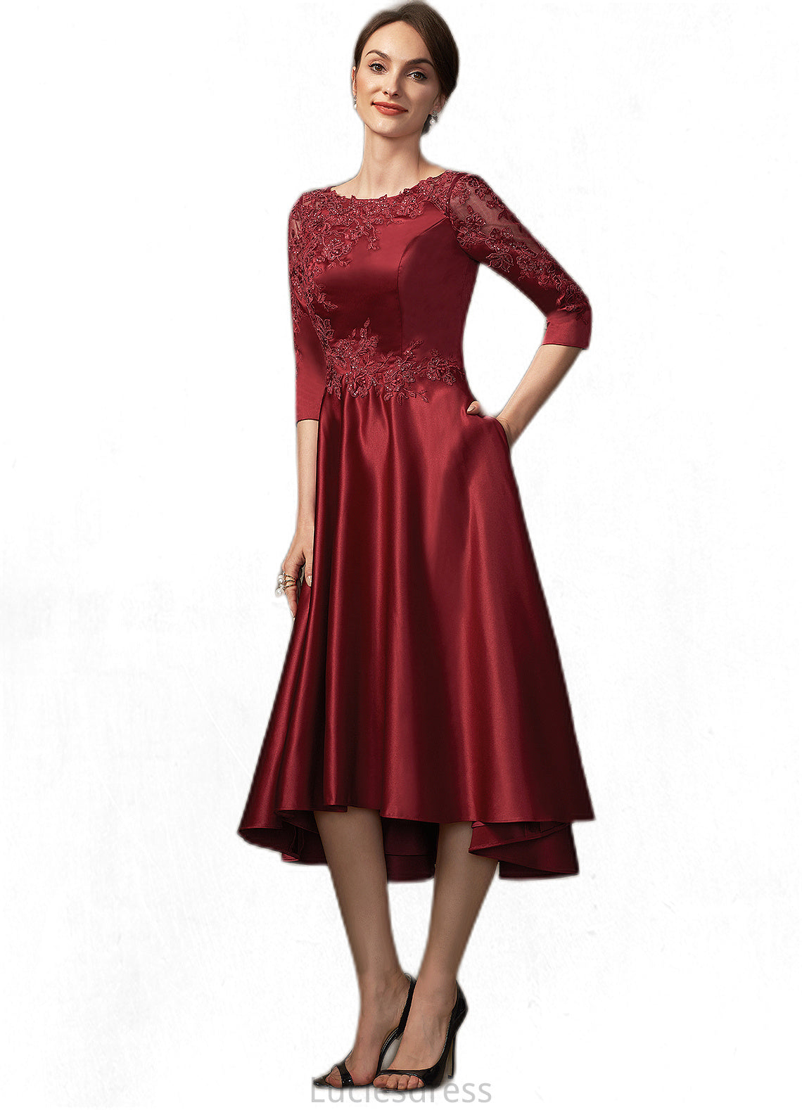 Ellie A-Line Scoop Neck Asymmetrical Satin Lace Mother of the Bride Dress With Sequins Pockets HF126P0014962