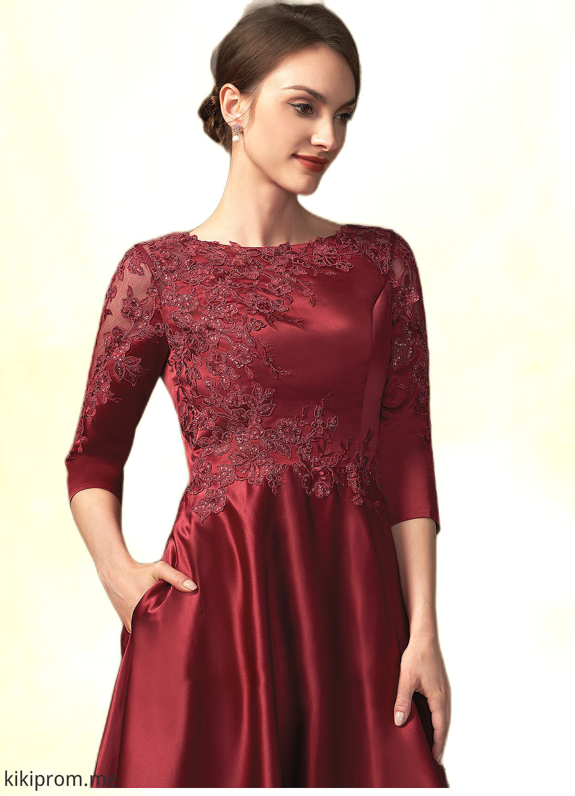 Marcia A-Line Scoop Neck Asymmetrical Satin Lace Mother of the Bride Dress With Sequins Pockets STF126P0014962