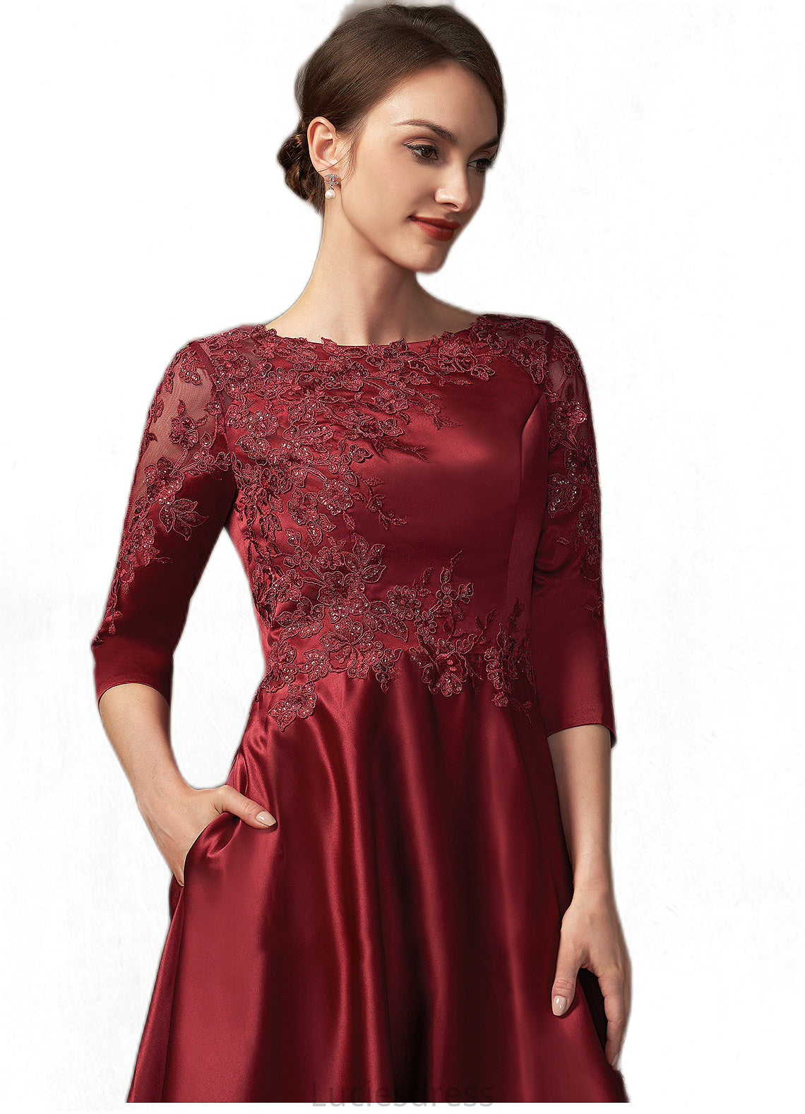 Ellie A-Line Scoop Neck Asymmetrical Satin Lace Mother of the Bride Dress With Sequins Pockets HF126P0014962