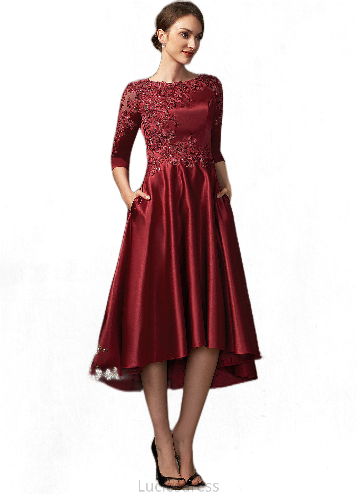 Ellie A-Line Scoop Neck Asymmetrical Satin Lace Mother of the Bride Dress With Sequins Pockets HF126P0014962