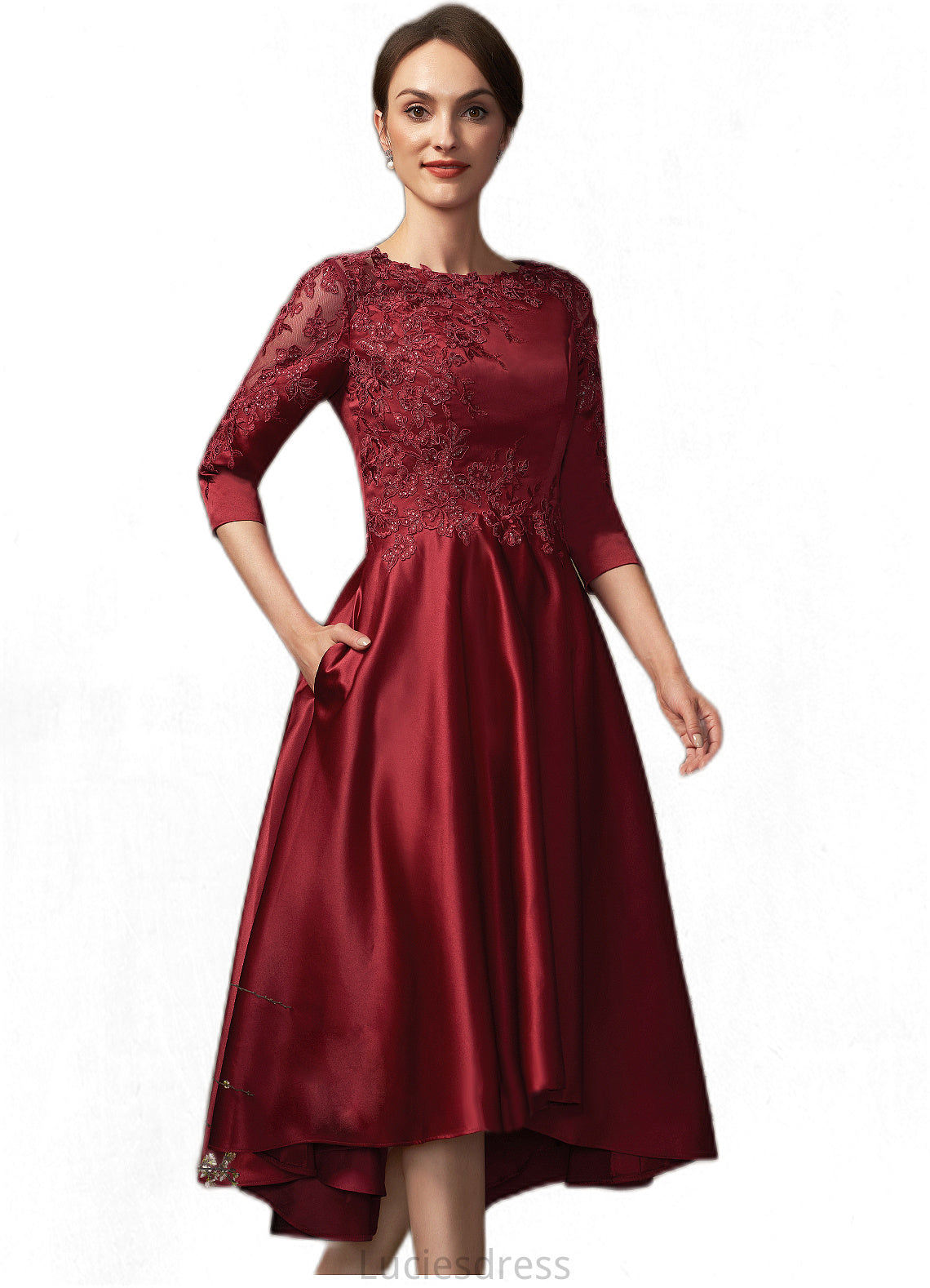 Ellie A-Line Scoop Neck Asymmetrical Satin Lace Mother of the Bride Dress With Sequins Pockets HF126P0014962