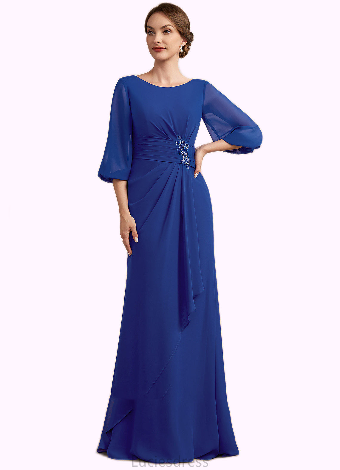 Stella A-Line Scoop Neck Floor-Length Chiffon Mother of the Bride Dress With Ruffle Beading HF126P0014963