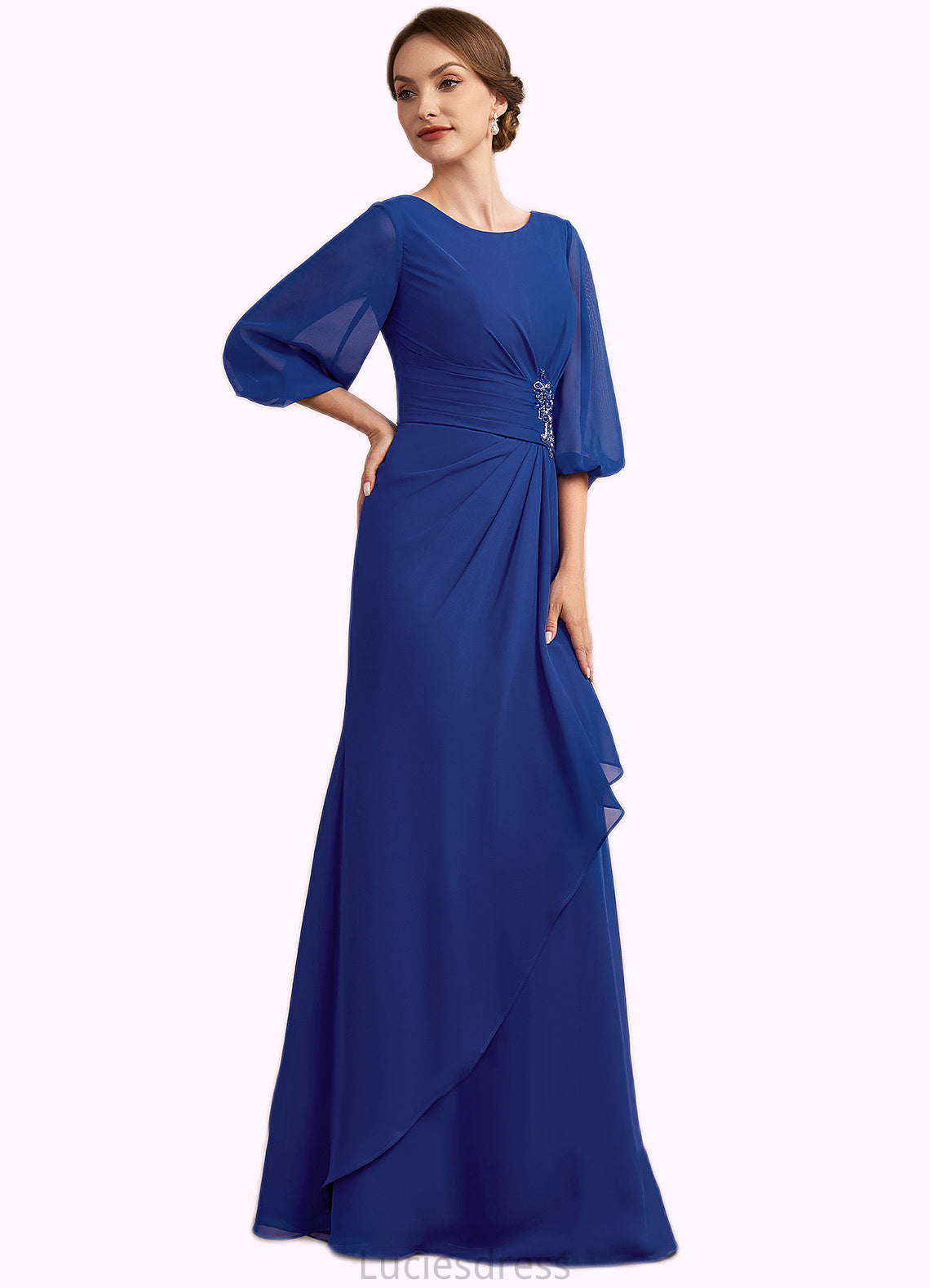 Stella A-Line Scoop Neck Floor-Length Chiffon Mother of the Bride Dress With Ruffle Beading HF126P0014963