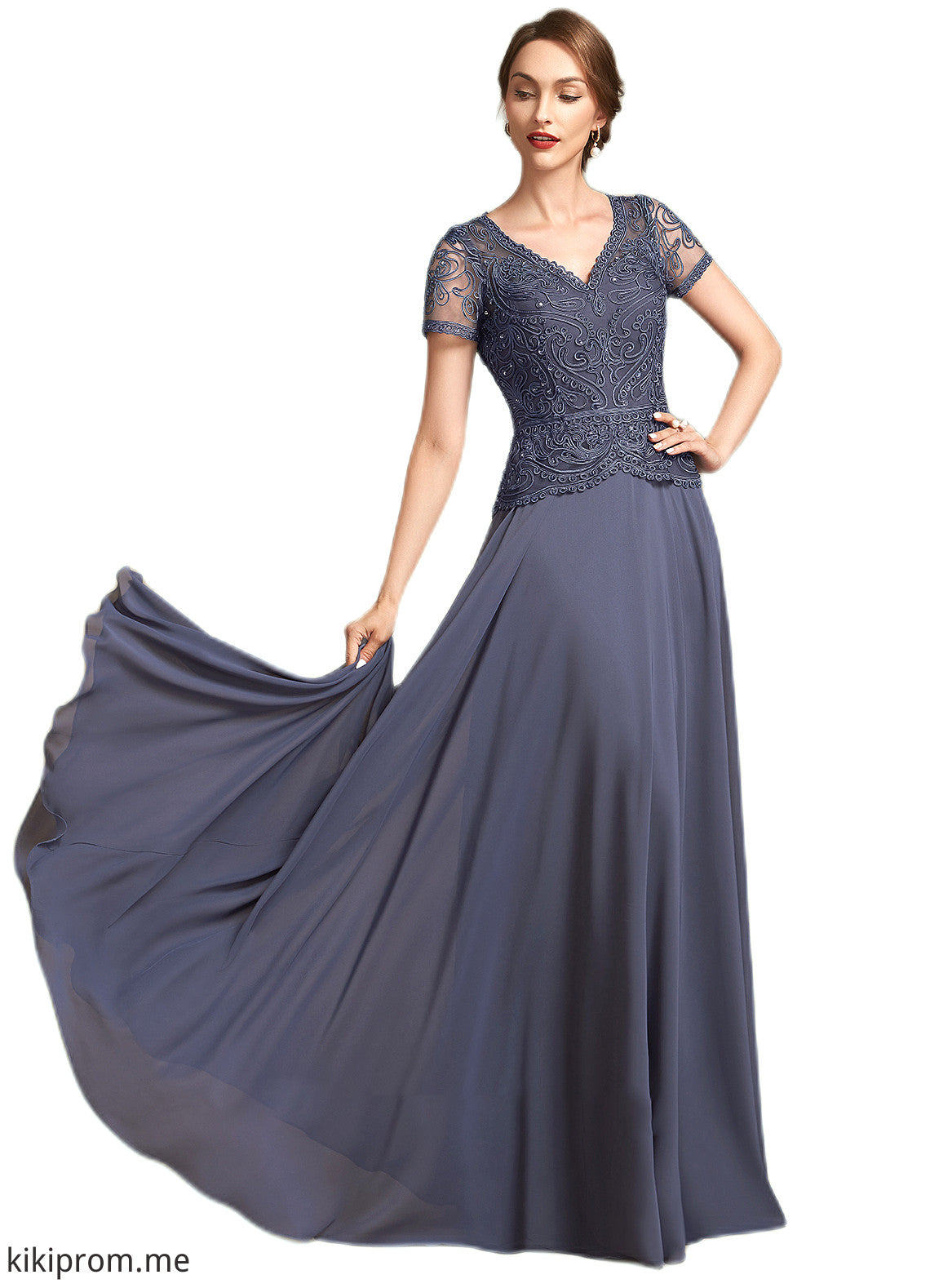 Judy A-Line V-neck Floor-Length Chiffon Lace Mother of the Bride Dress With Sequins STF126P0014964