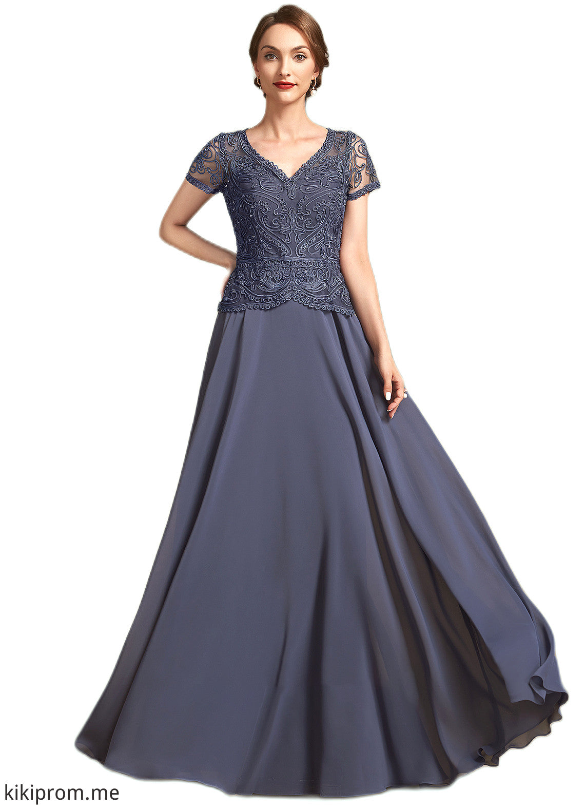 Judy A-Line V-neck Floor-Length Chiffon Lace Mother of the Bride Dress With Sequins STF126P0014964