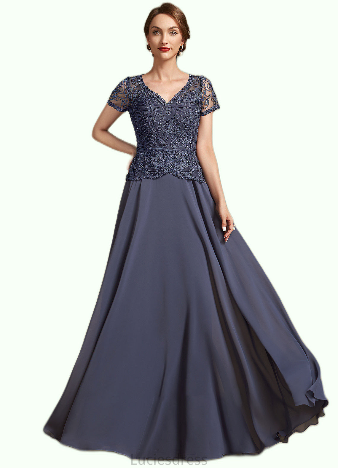 Judith A-Line V-neck Floor-Length Chiffon Lace Mother of the Bride Dress With Sequins HF126P0014964