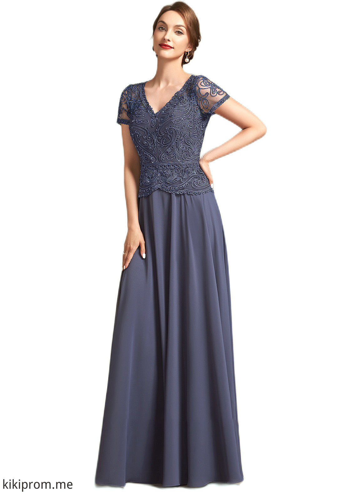 Judy A-Line V-neck Floor-Length Chiffon Lace Mother of the Bride Dress With Sequins STF126P0014964