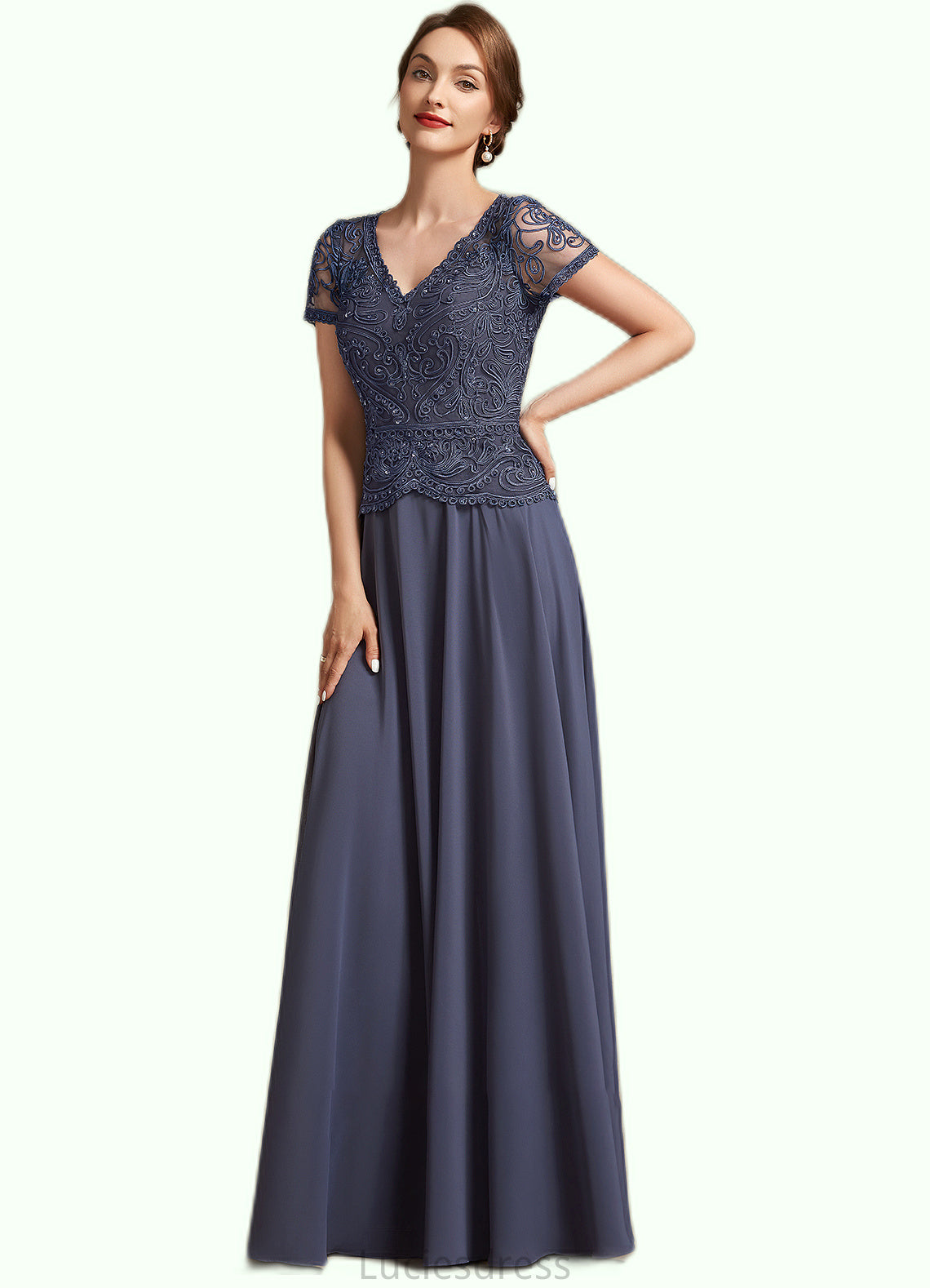 Judith A-Line V-neck Floor-Length Chiffon Lace Mother of the Bride Dress With Sequins HF126P0014964