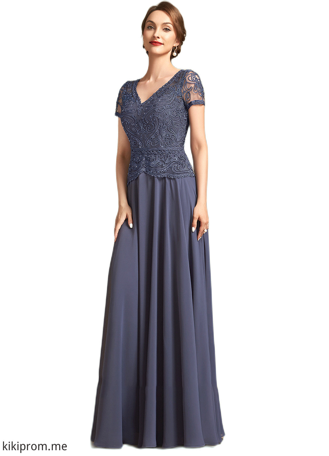 Judy A-Line V-neck Floor-Length Chiffon Lace Mother of the Bride Dress With Sequins STF126P0014964