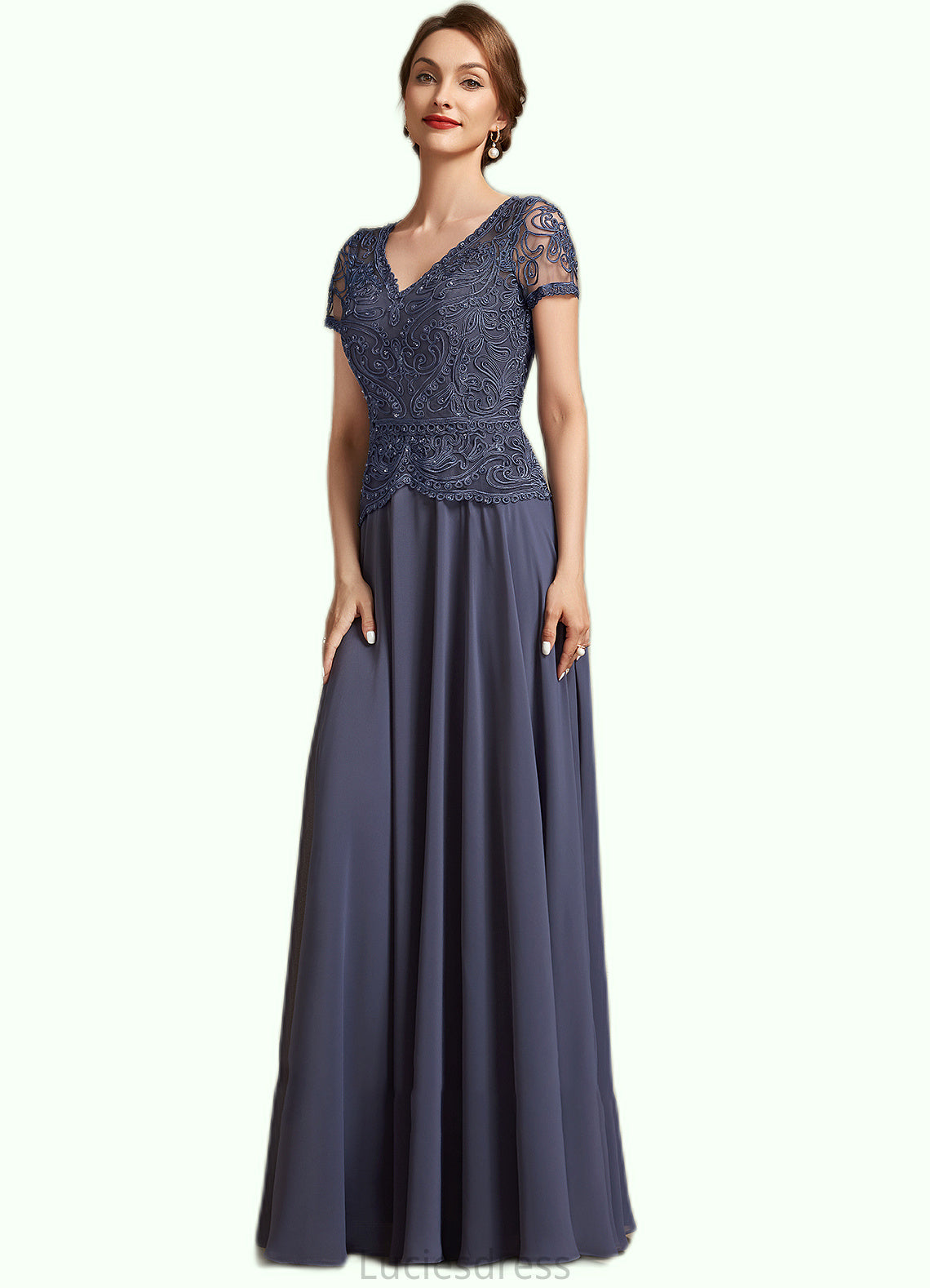 Judith A-Line V-neck Floor-Length Chiffon Lace Mother of the Bride Dress With Sequins HF126P0014964