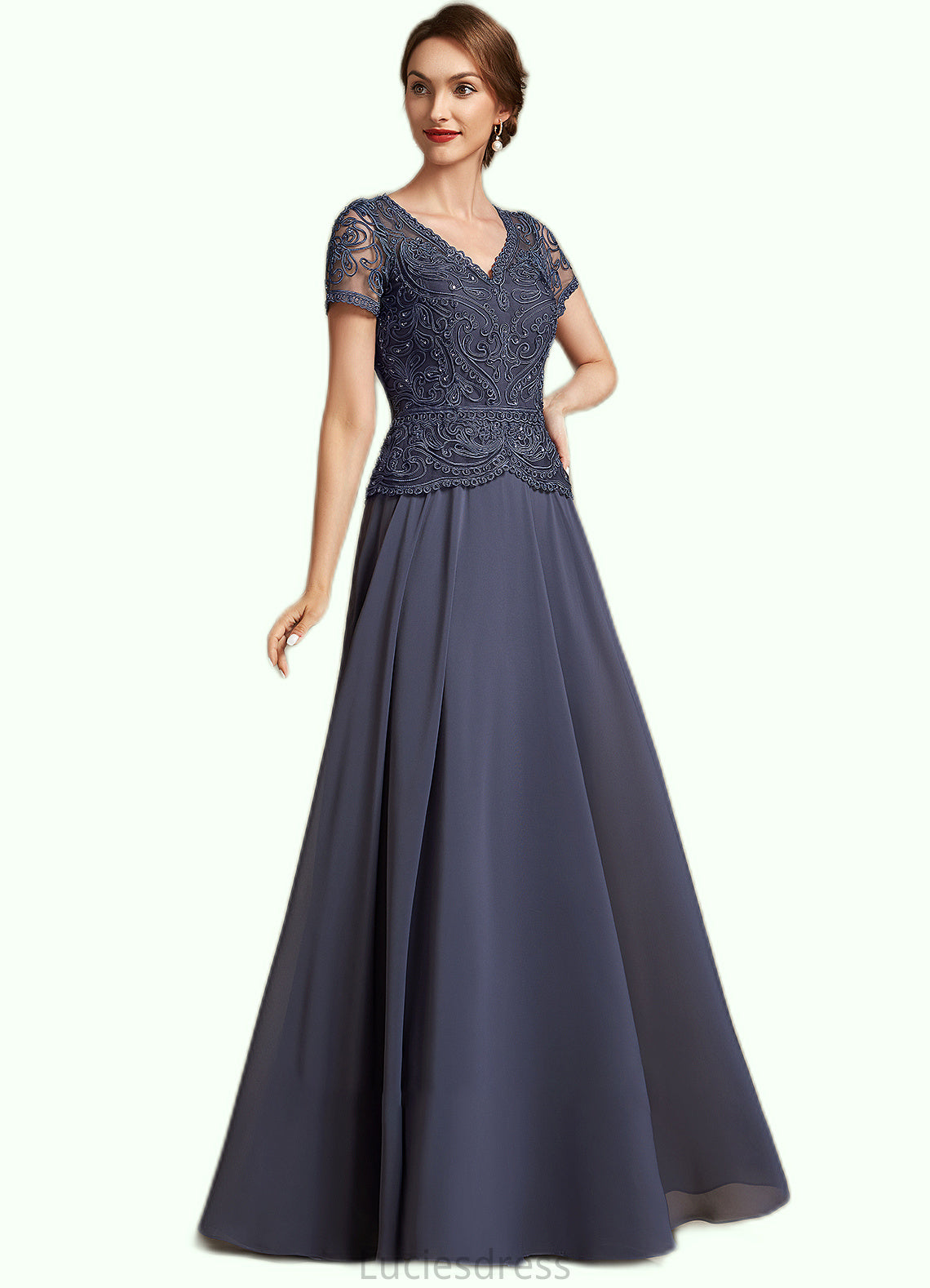 Judith A-Line V-neck Floor-Length Chiffon Lace Mother of the Bride Dress With Sequins HF126P0014964