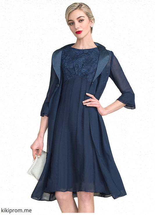 Katelyn A-Line Scoop Neck Knee-Length Chiffon Lace Mother of the Bride Dress With Ruffle STF126P0014966