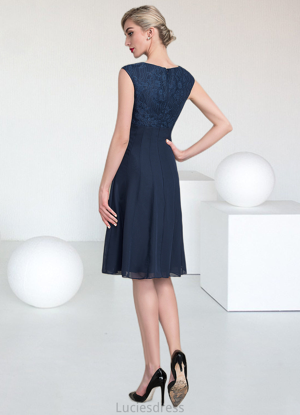 Genesis A-Line Scoop Neck Knee-Length Chiffon Lace Mother of the Bride Dress With Ruffle HF126P0014966