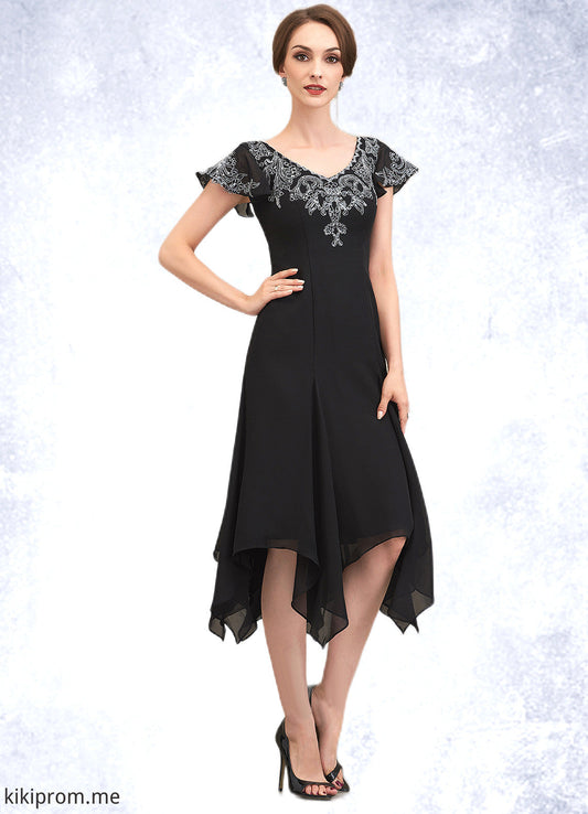 Sahna A-Line V-neck Tea-Length Chiffon Lace Mother of the Bride Dress With Sequins STF126P0014967