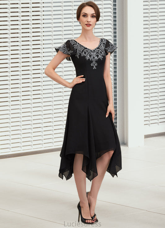 Zoe A-Line V-neck Tea-Length Chiffon Lace Mother of the Bride Dress With Sequins HF126P0014967