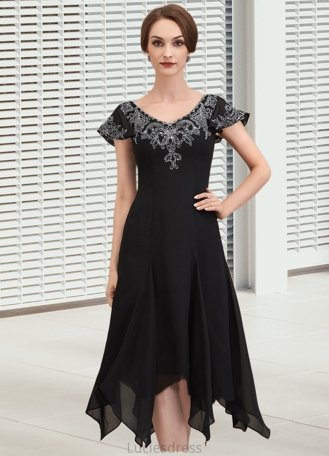 Zoe A-Line V-neck Tea-Length Chiffon Lace Mother of the Bride Dress With Sequins HF126P0014967