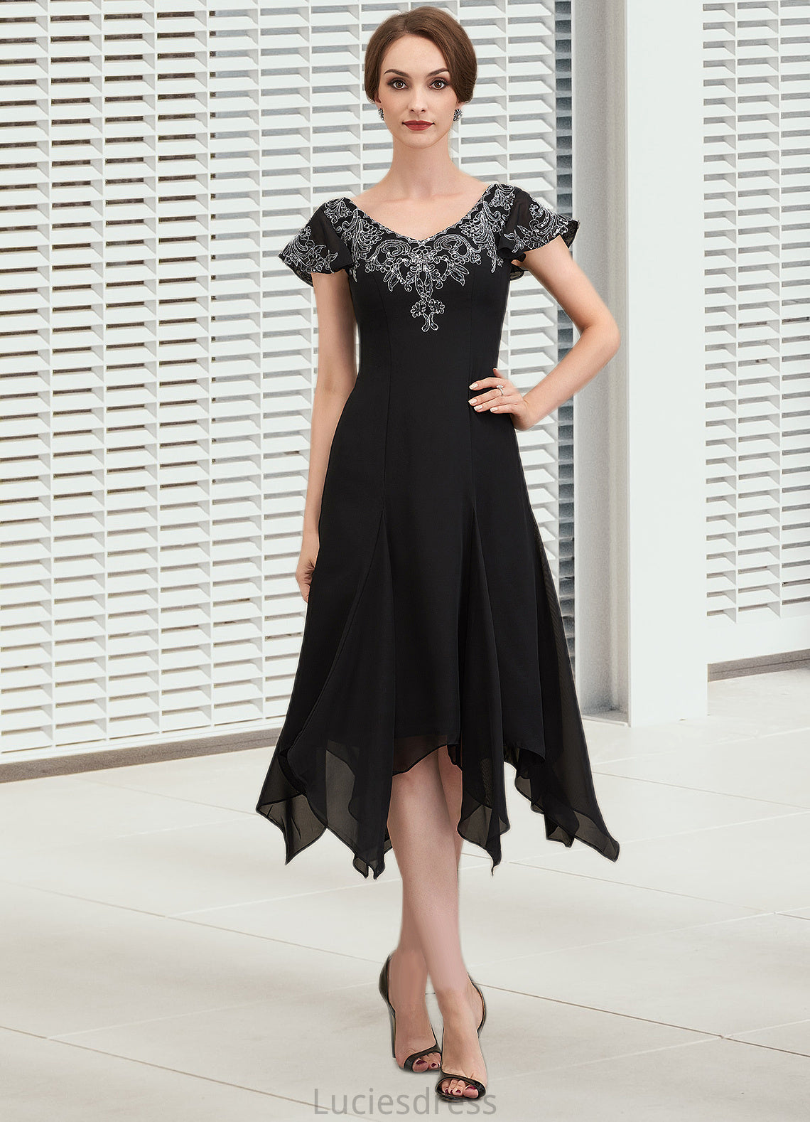 Zoe A-Line V-neck Tea-Length Chiffon Lace Mother of the Bride Dress With Sequins HF126P0014967