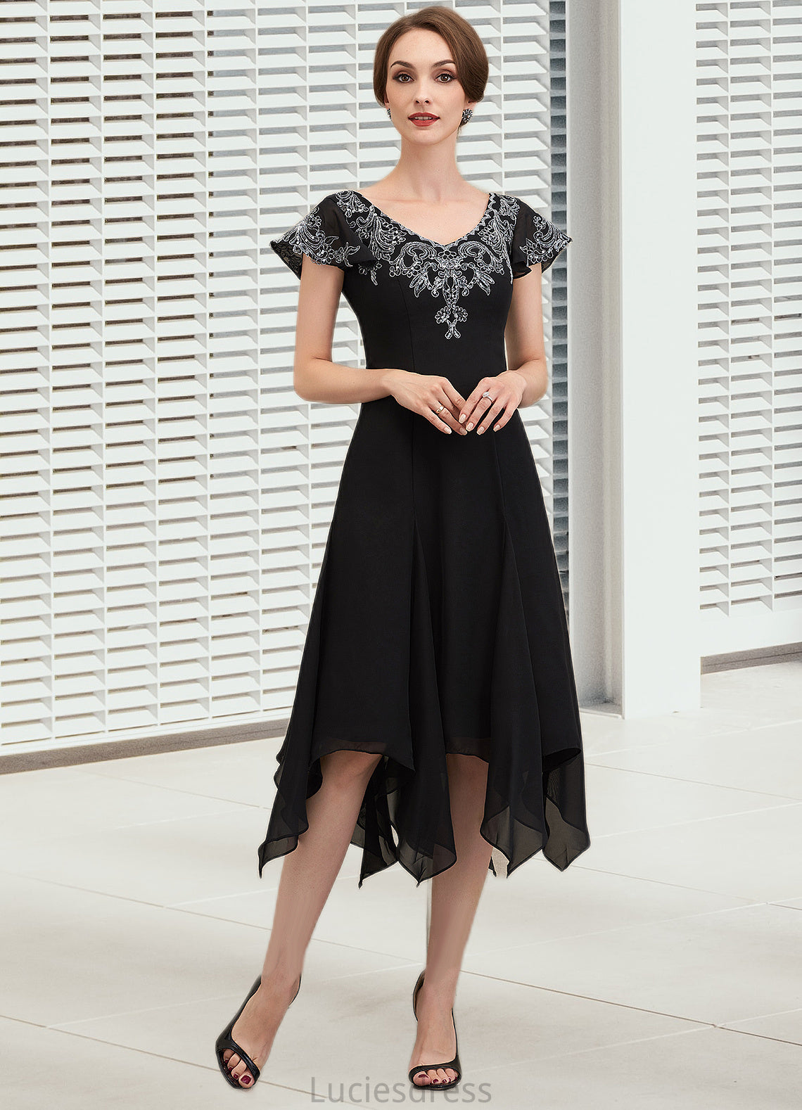 Zoe A-Line V-neck Tea-Length Chiffon Lace Mother of the Bride Dress With Sequins HF126P0014967