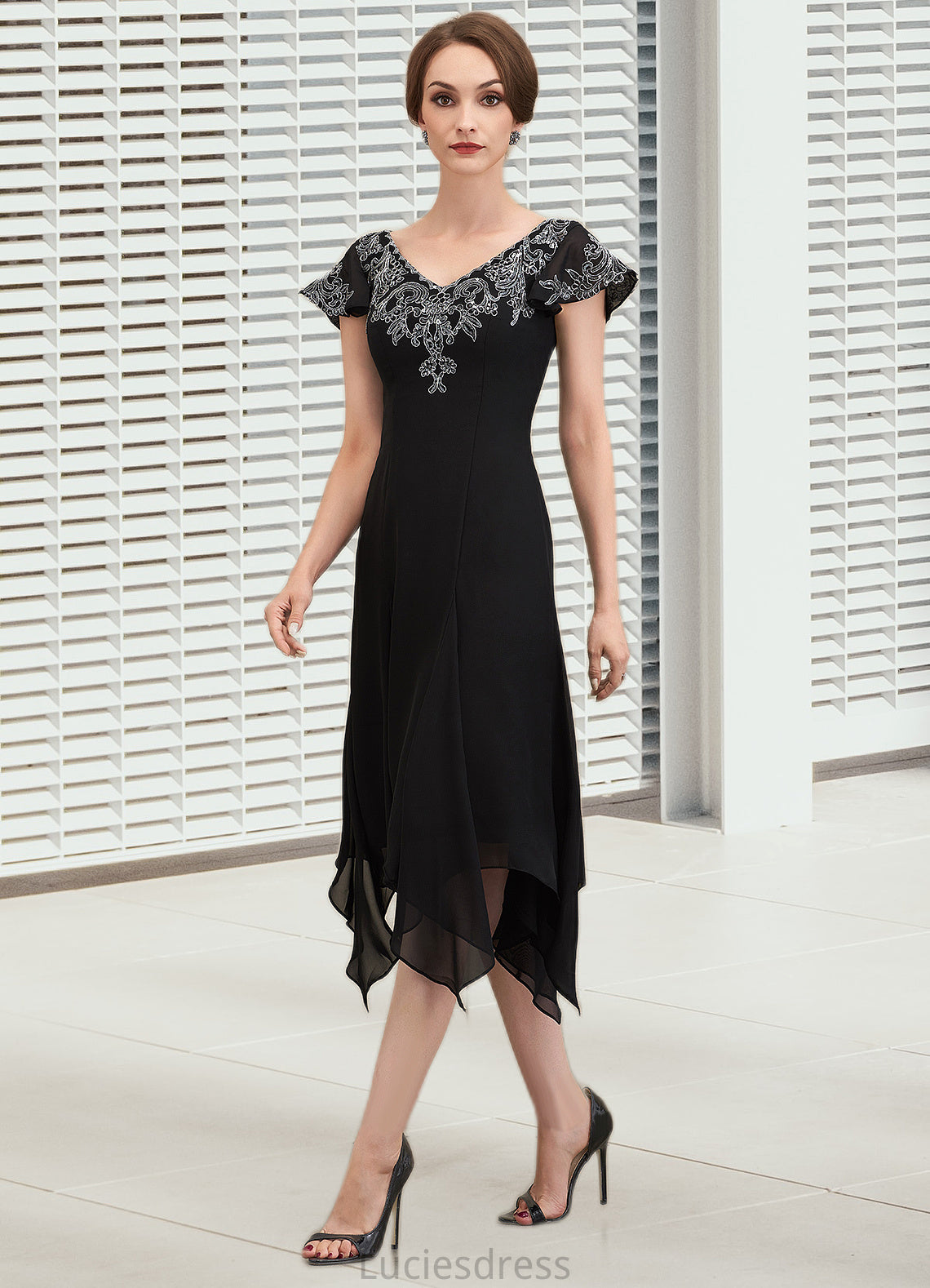 Zoe A-Line V-neck Tea-Length Chiffon Lace Mother of the Bride Dress With Sequins HF126P0014967